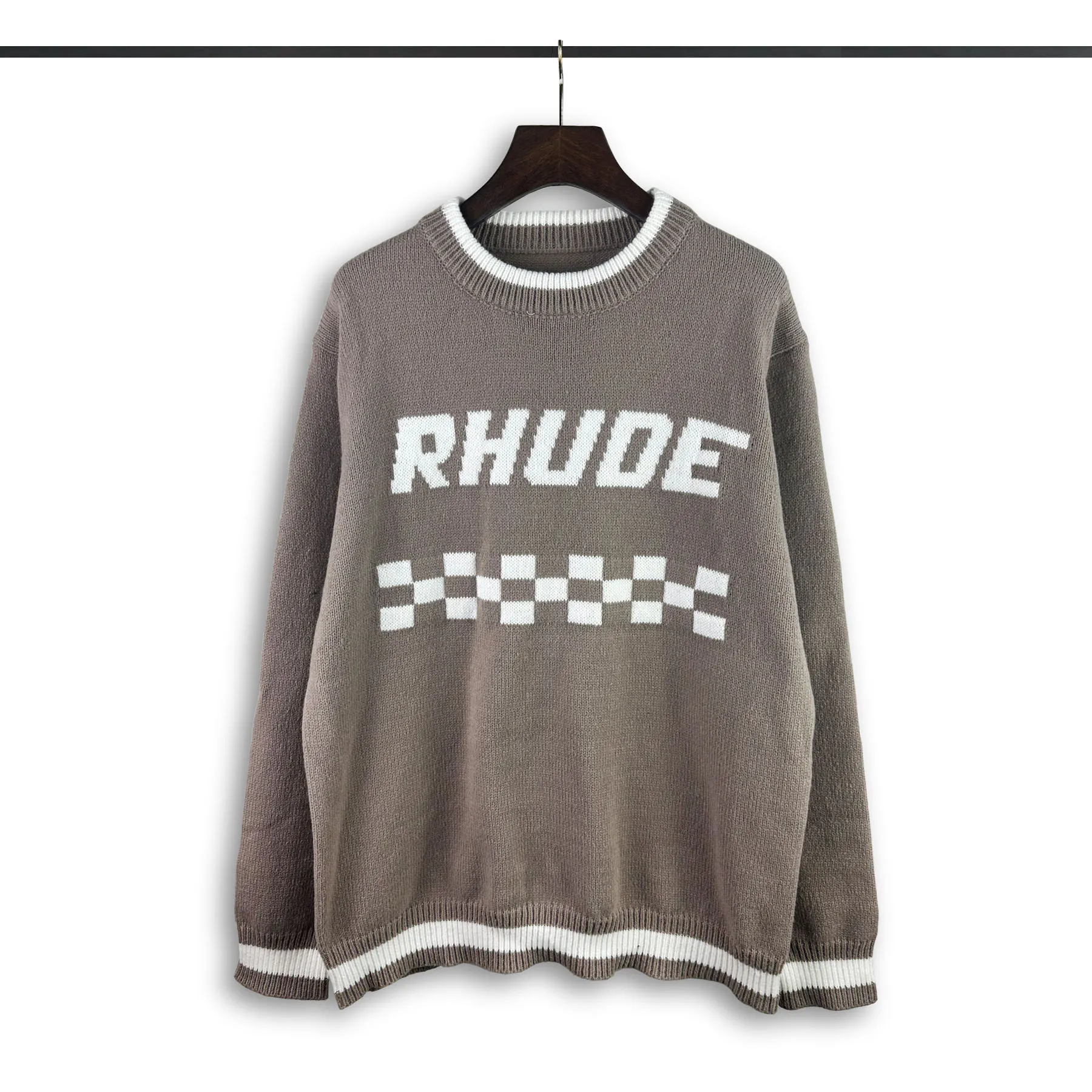 P240 Rhude new racing track jacquard crew neck sweater Color: Khaki White Size: M L XL XXL