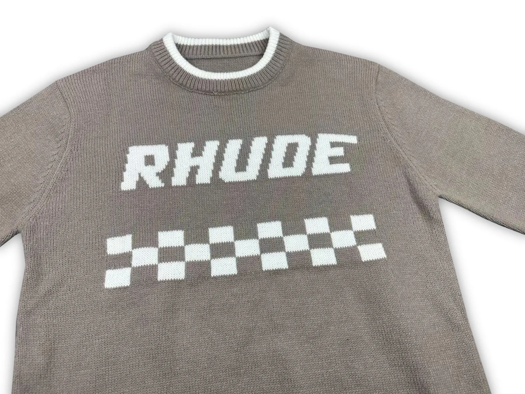 P240 Rhude new racing track jacquard crew neck sweater Color: Khaki White Size: M L XL XXL
