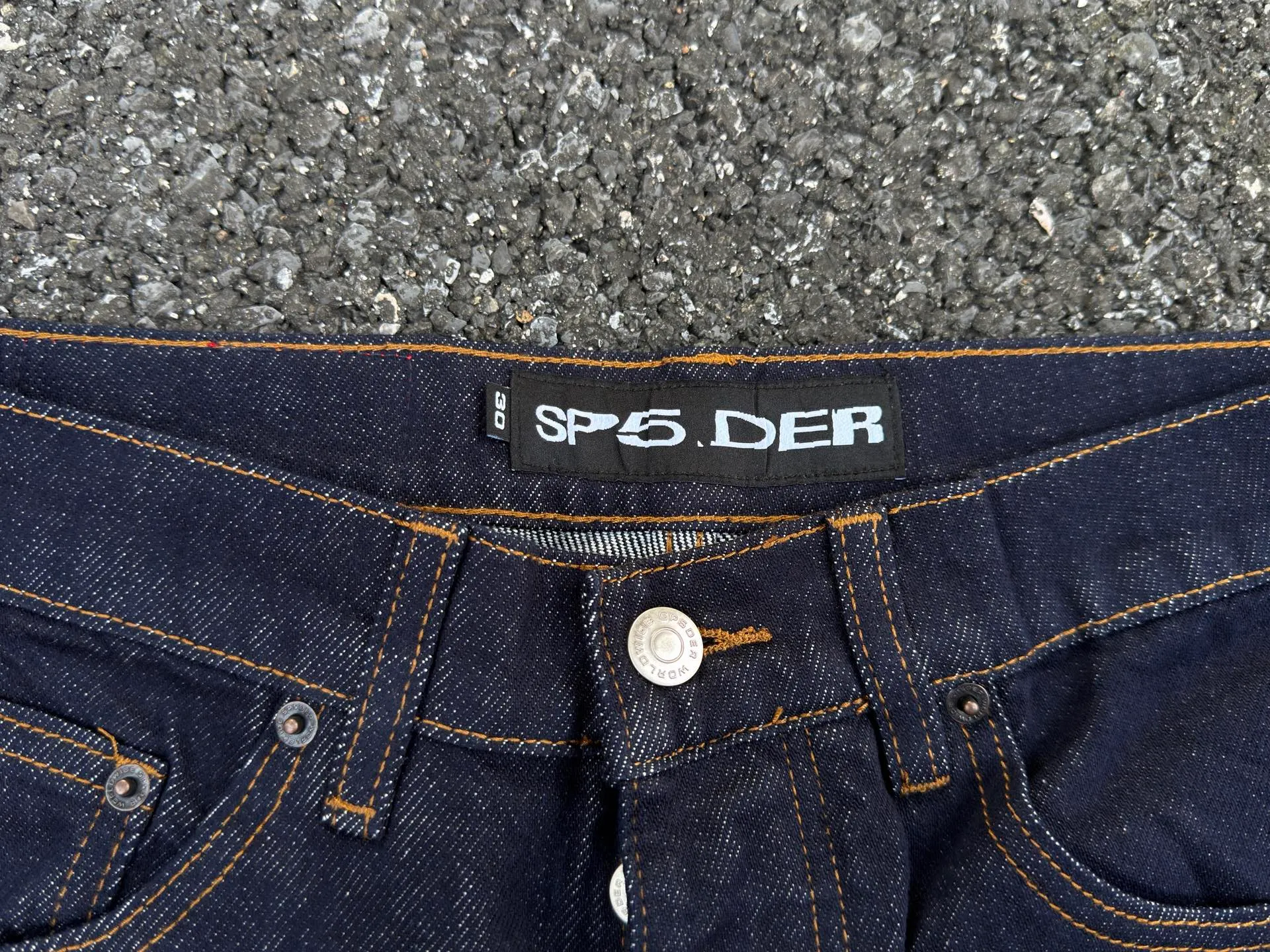 P210 (original outdoor picture direct) top version Sp10der street fashion brand printed washed and distressed casual jeans for men and women, same style. Size: 28 30 32 34 36