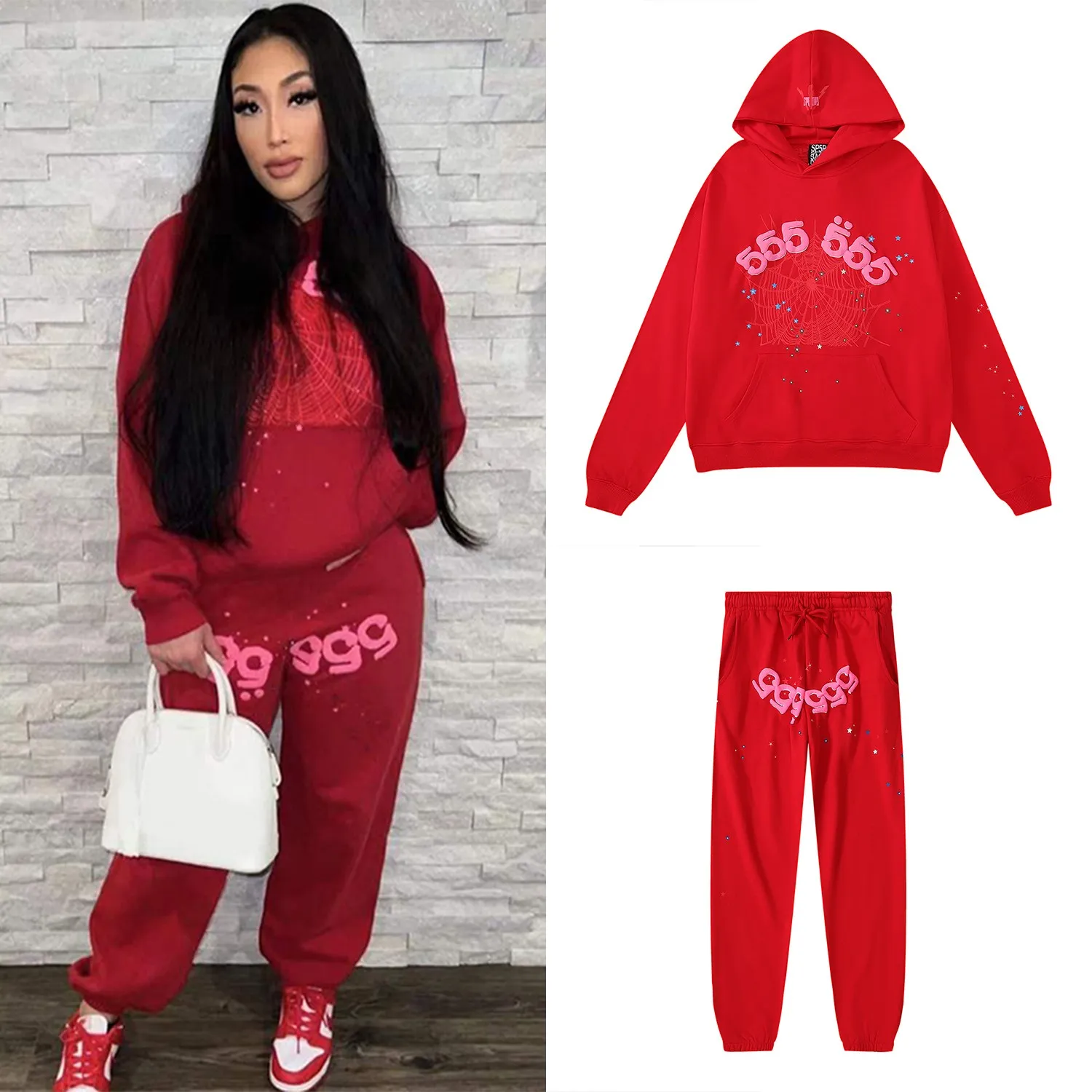 Numbered sweatshirt 8205, batch 220 Numbered trousers 8305, batch 220, US fashion Sp10der 555555 star same style Angel Number loose casual cotton hoodie sweatshirt for men and women Color: red; Size: S M L XL