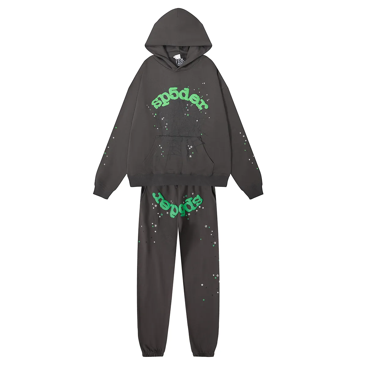 No. 8209, batch 220, Young Thug Sp10der 555555 spider web green foam printed high weight pure cotton loose casual hoodie sweatshirt Color: dark gray; Size: S M L XL
