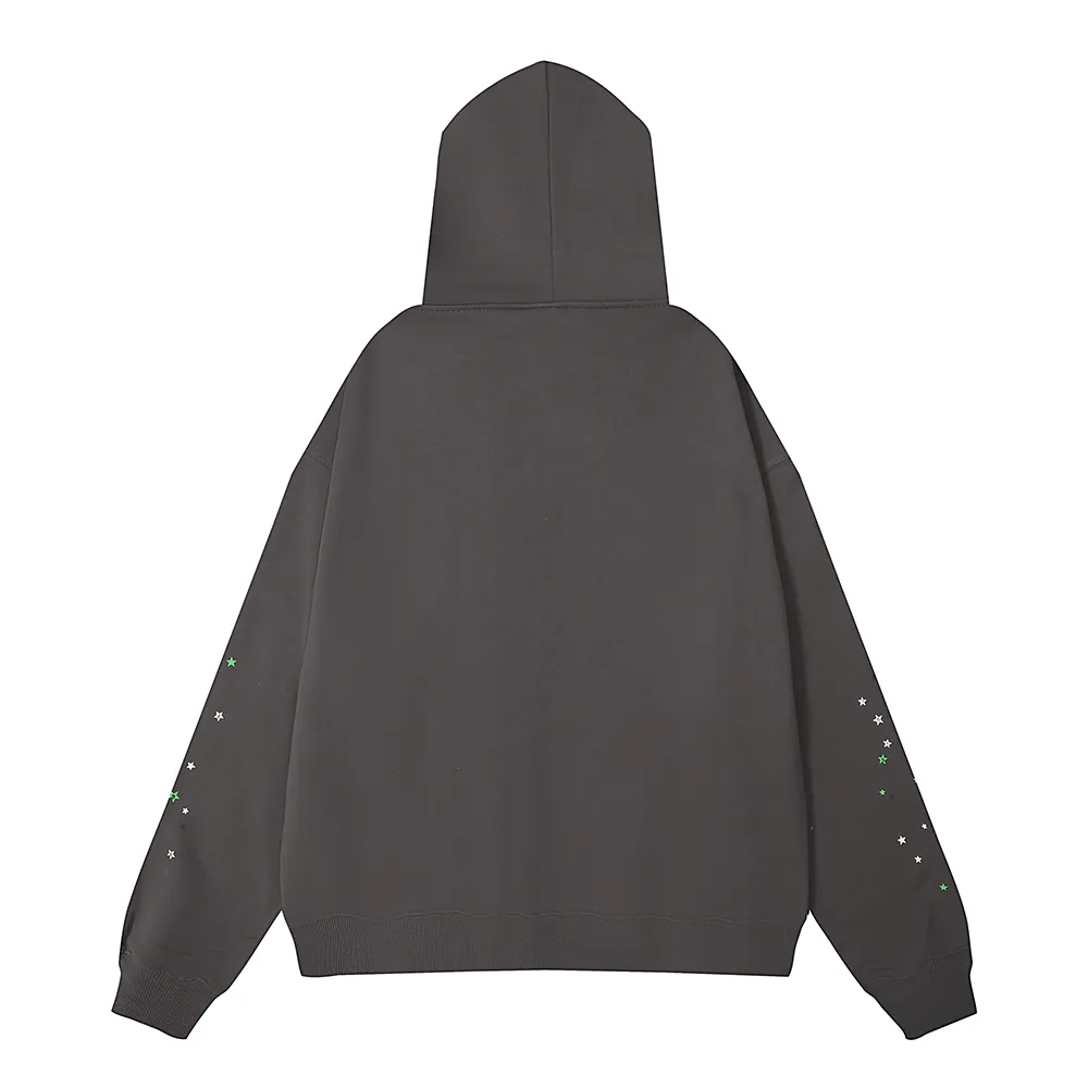 No. 8209, batch 220, Young Thug Sp10der 555555 spider web green foam printed high weight pure cotton loose casual hoodie sweatshirt Color: dark gray; Size: S M L XL