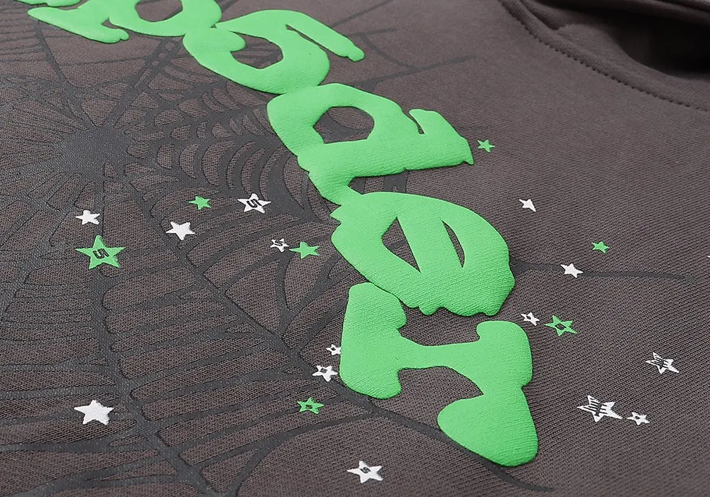 No. 8209, batch 220, Young Thug Sp10der 555555 spider web green foam printed high weight pure cotton loose casual hoodie sweatshirt Color: dark gray; Size: S M L XL