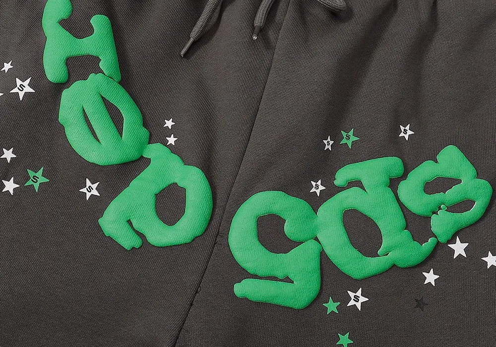 No. 8309, batch 220, Young Thug Sp10der 555555 spider web green foam printed high weight pure cotton loose casual sweatpants casual pants Color: dark gray; Size: S M L XL