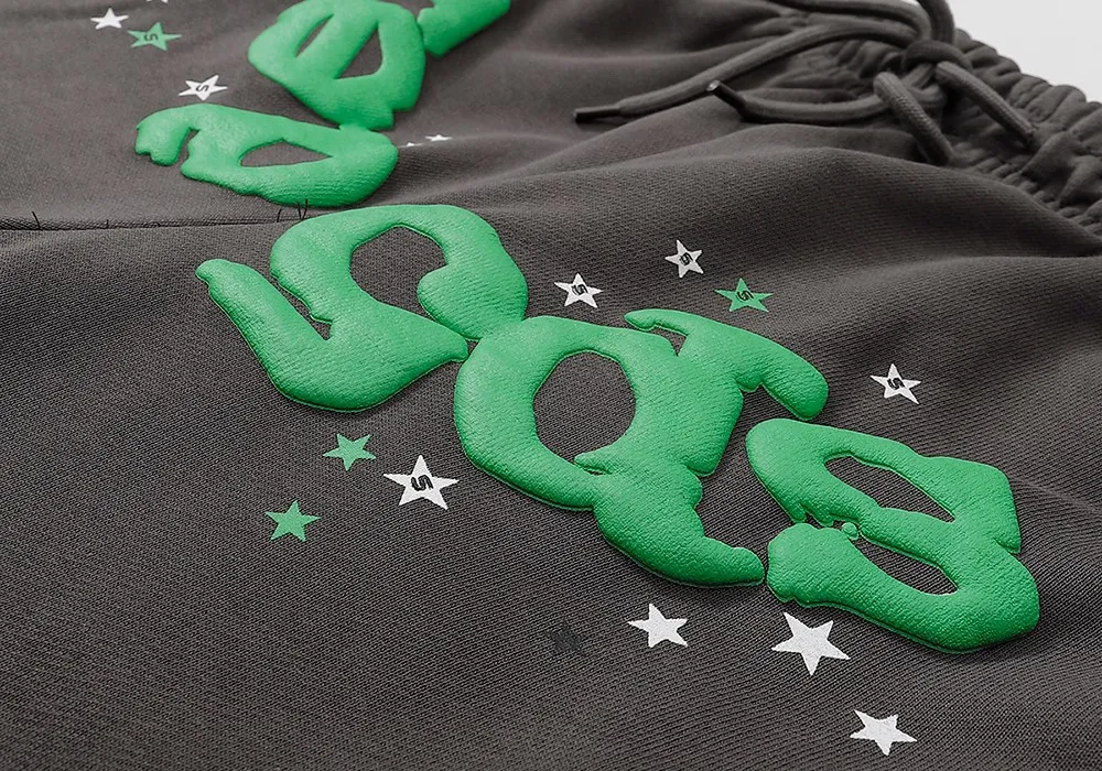 No. 8309, batch 220, Young Thug Sp10der 555555 spider web green foam printed high weight pure cotton loose casual sweatpants casual pants Color: dark gray; Size: S M L XL