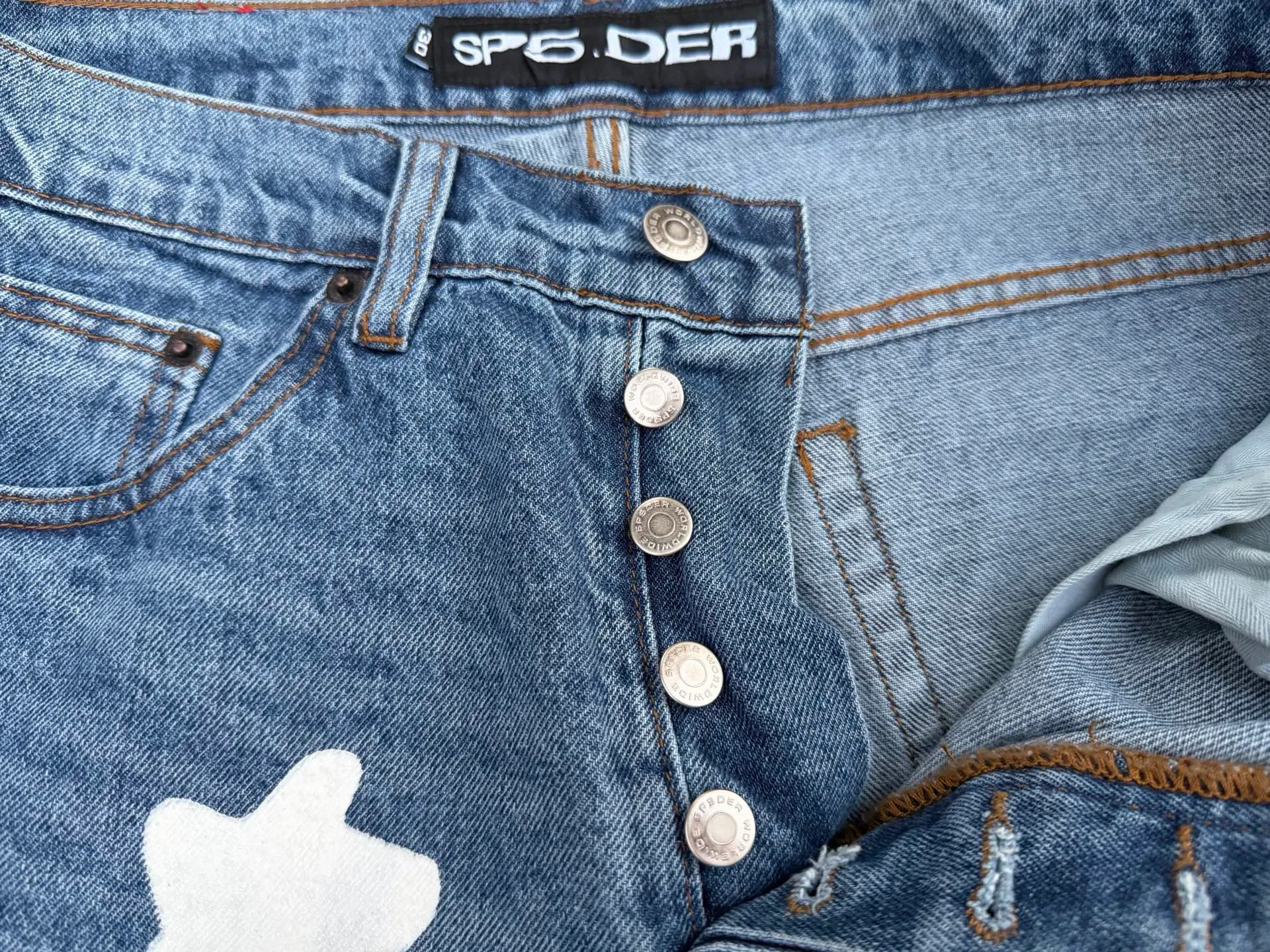 P250 (original outdoor picture direct) top version Sp10der street fashion brand foam printed big star washed and distressed casual jeans for men and women, size: 28 30 32 34 36