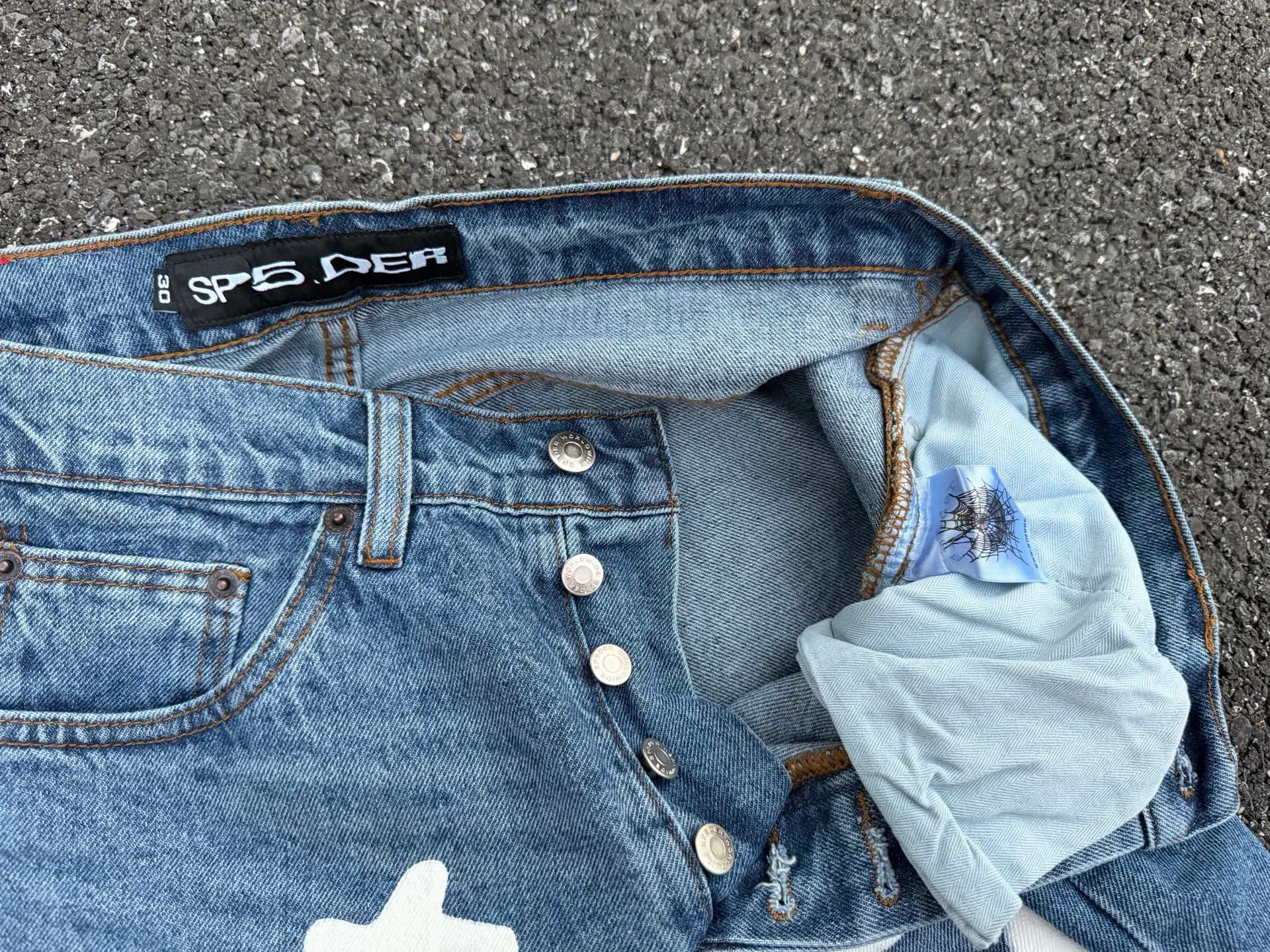 P250 (original outdoor picture direct) top version Sp10der street fashion brand foam printed big star washed and distressed casual jeans for men and women, size: 28 30 32 34 36