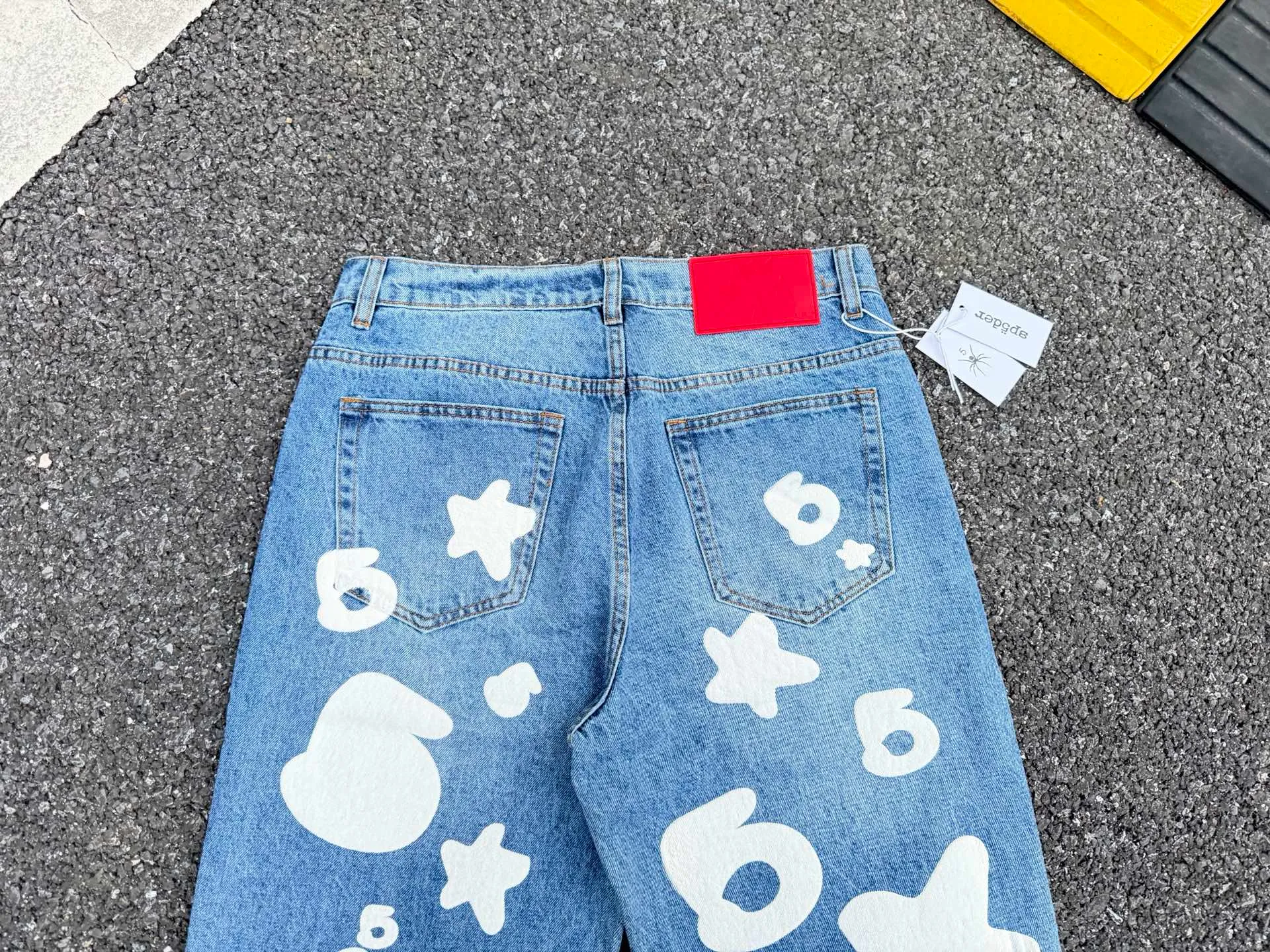 P250 (original outdoor picture direct) top version Sp10der street fashion brand foam printed big star washed and distressed casual jeans for men and women, size: 28 30 32 34 36