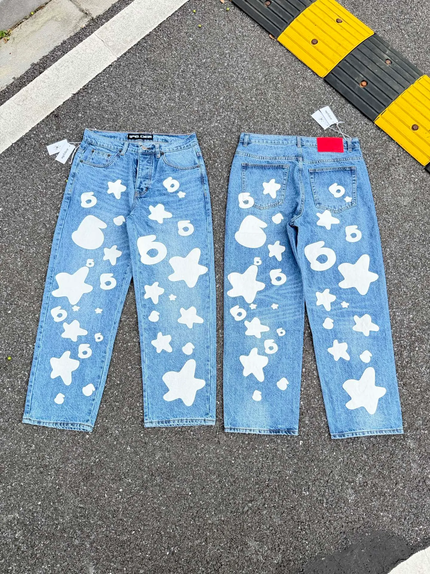 P250 (original outdoor picture direct) top version Sp10der street fashion brand foam printed big star washed and distressed casual jeans for men and women, size: 28 30 32 34 36