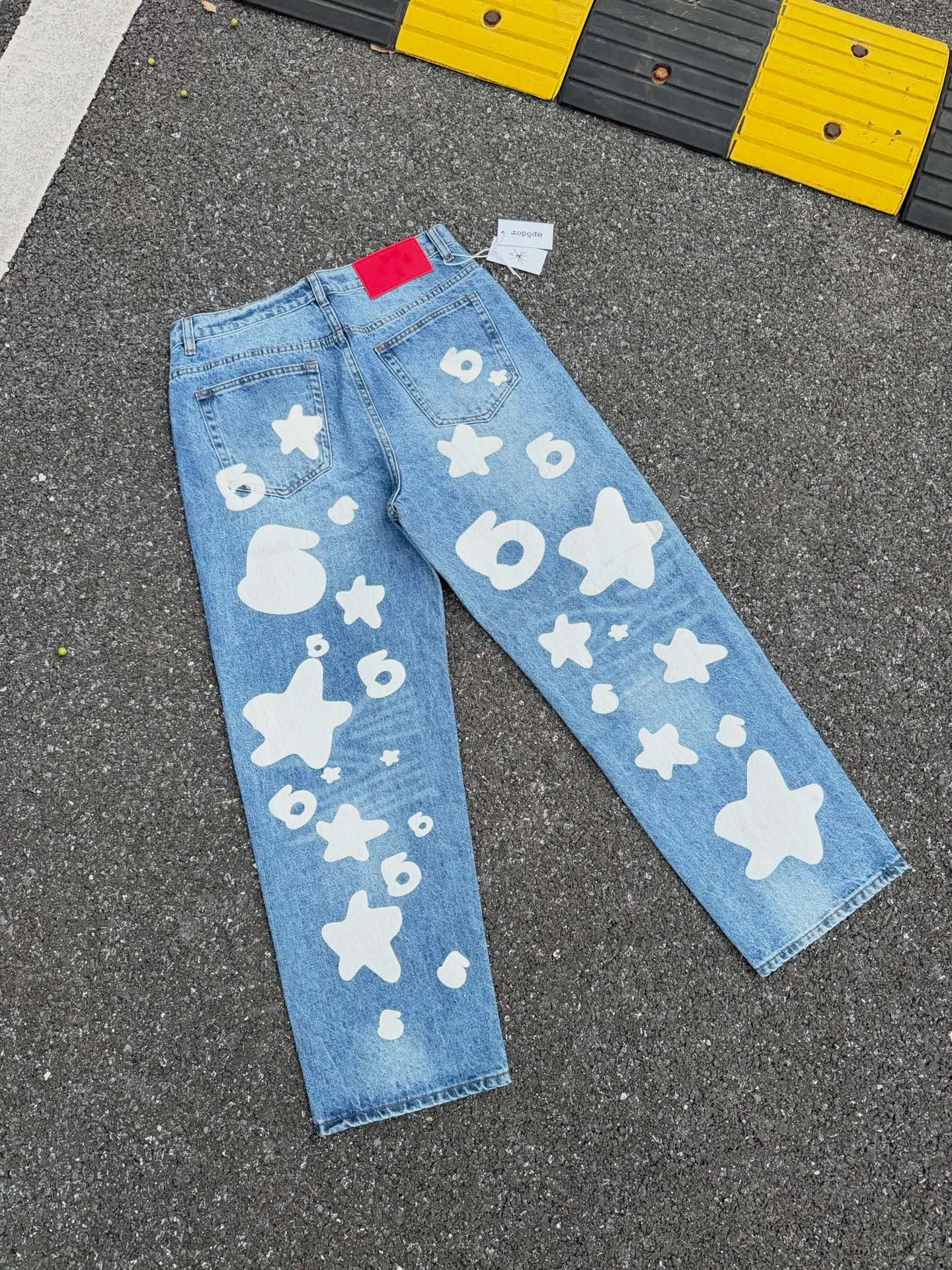 P250 (original outdoor picture direct) top version Sp10der street fashion brand foam printed big star washed and distressed casual jeans for men and women, size: 28 30 32 34 36