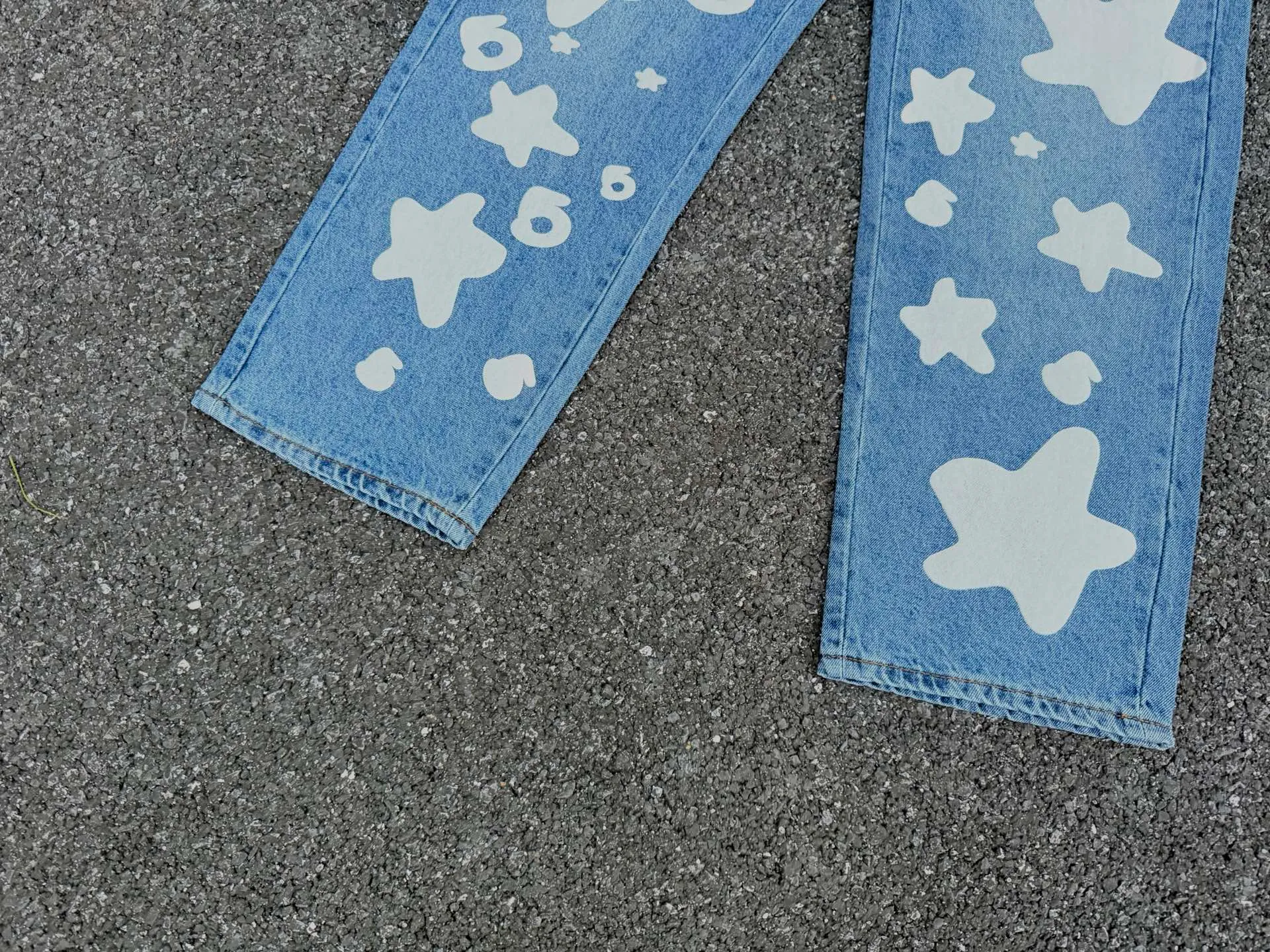 P250 (original outdoor picture direct) top version Sp10der street fashion brand foam printed big star washed and distressed casual jeans for men and women, size: 28 30 32 34 36