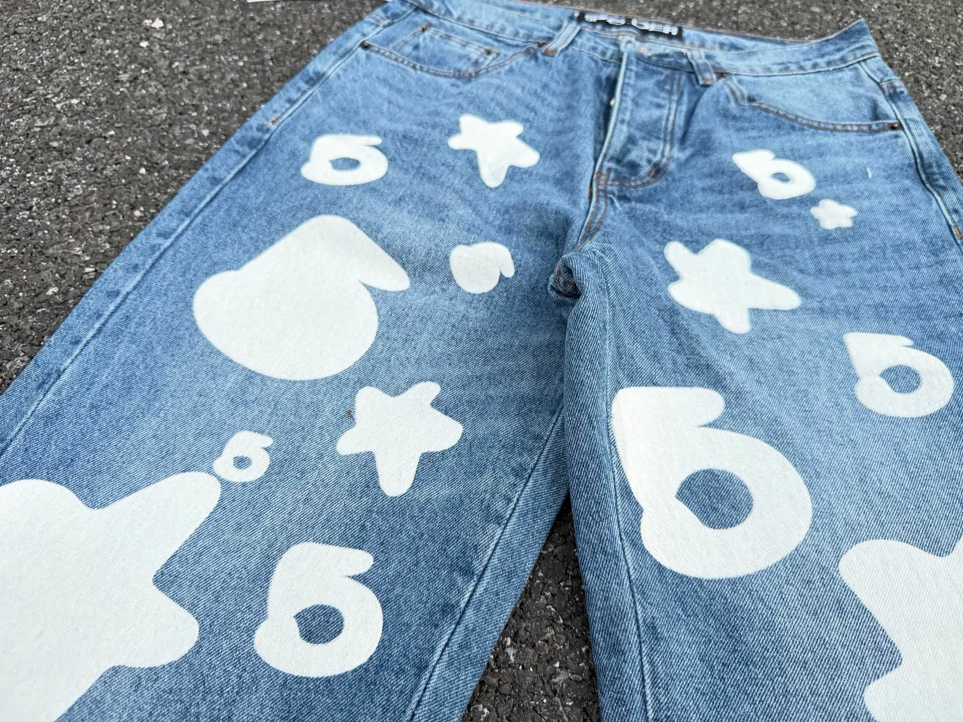P250 (original outdoor picture direct) top version Sp10der street fashion brand foam printed big star washed and distressed casual jeans for men and women, size: 28 30 32 34 36