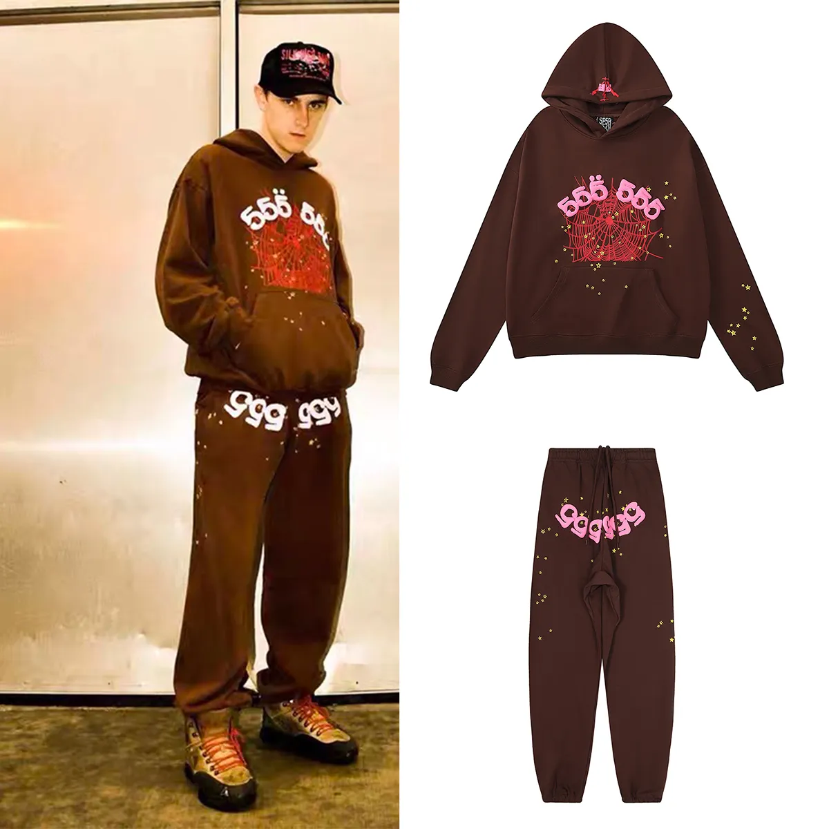 No. 8303, batch 220, Young Thug Sp10der 55555 foam print Jordan Clarksons same style upper high weight pure cotton terry loose pure cotton sweatpants with leggings Color: dark coffee; Size: S M L XL