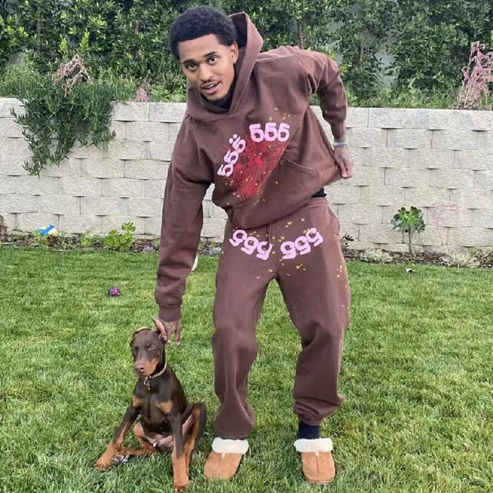 No. 8303, batch 220, Young Thug Sp10der 55555 foam print Jordan Clarksons same style upper high weight pure cotton terry loose pure cotton sweatpants with leggings Color: dark coffee; Size: S M L XL