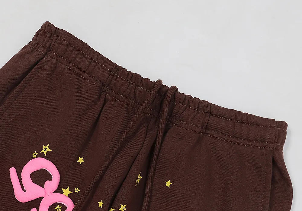 No. 8303, batch 220, Young Thug Sp10der 55555 foam print Jordan Clarksons same style upper high weight pure cotton terry loose pure cotton sweatpants with leggings Color: dark coffee; Size: S M L XL