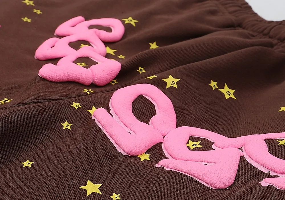 No. 8303, batch 220, Young Thug Sp10der 55555 foam print Jordan Clarksons same style upper high weight pure cotton terry loose pure cotton sweatpants with leggings Color: dark coffee; Size: S M L XL