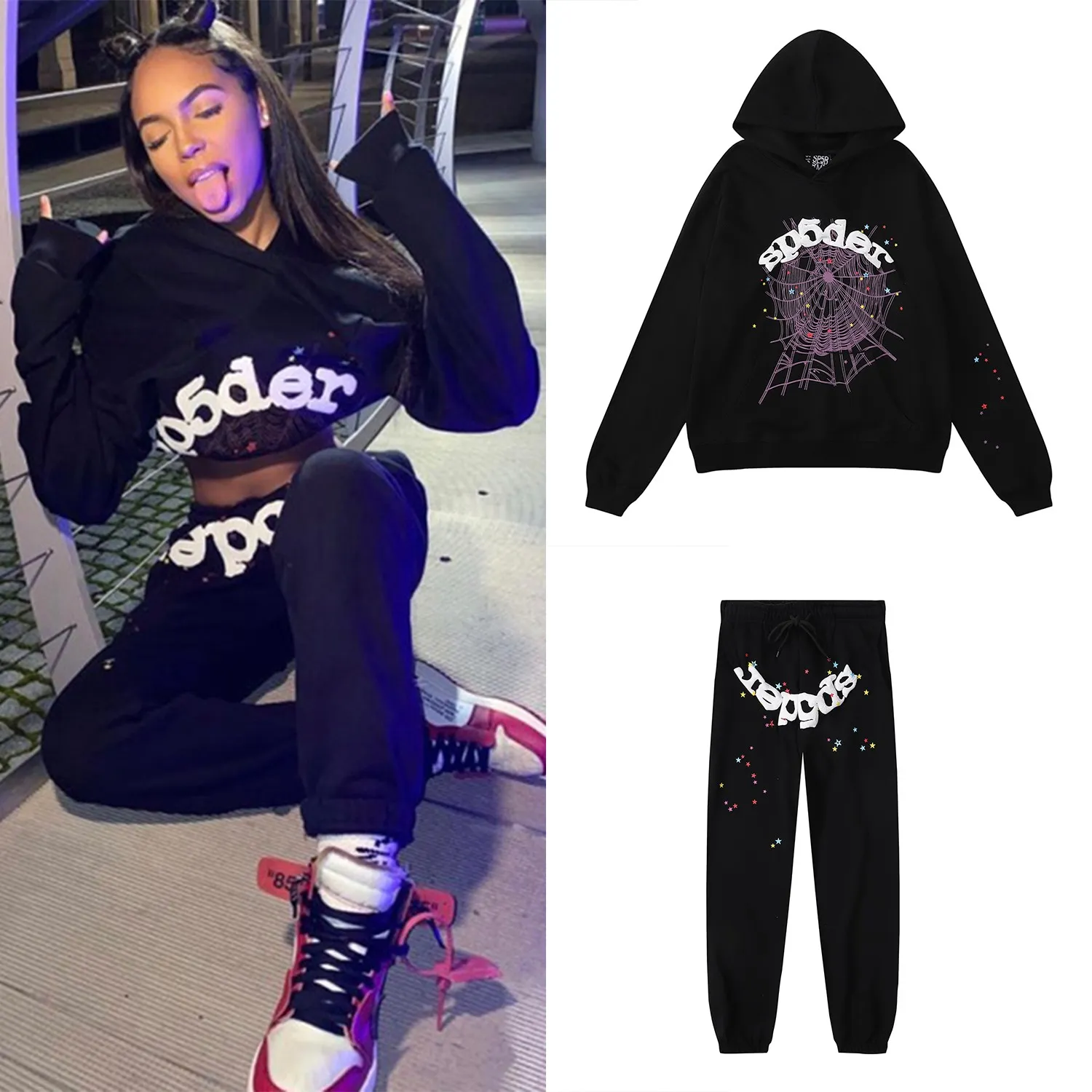 Hood 8202, trousers 8302, Jordan Clarksons same style Young Thug Sp10der 555555 pure cotton terry loose casual hoodie sweatshirt for men and women Hood 8202, batch 220 Trousers 8302, batch 220 Color: Black; Size: S M L XL