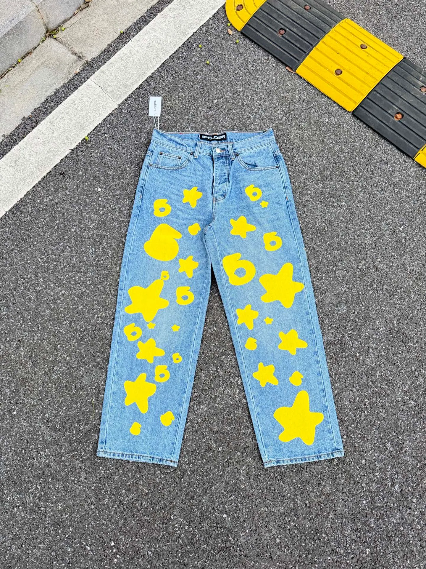 P250 (original outdoor picture direct) top version Sp10der street fashion brand foam printed big star washed and distressed casual jeans for men and women, size: 28 30 32 34 36