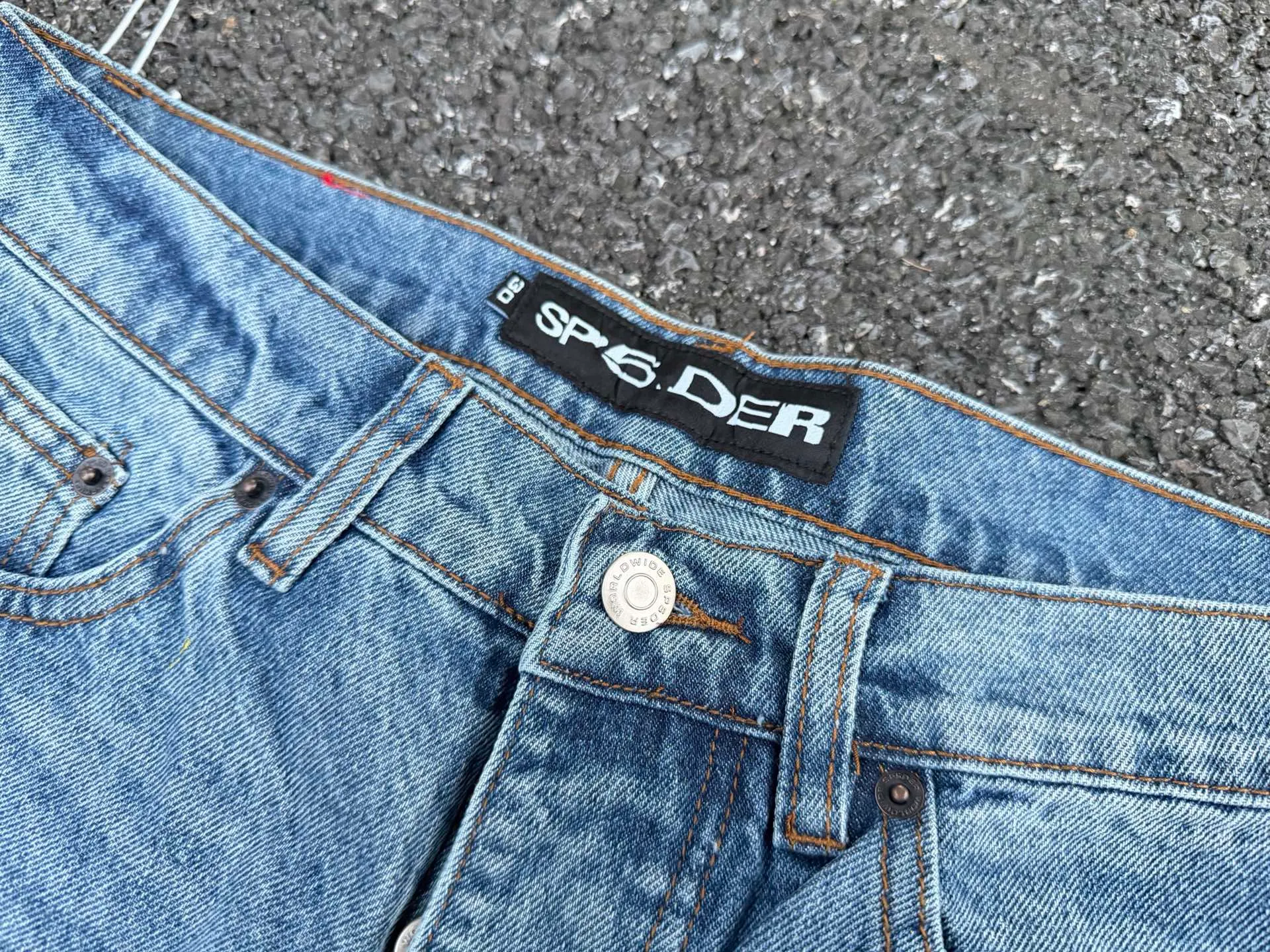 P250 (original outdoor picture direct) top version Sp10der street fashion brand foam printed big star washed and distressed casual jeans for men and women, size: 28 30 32 34 36