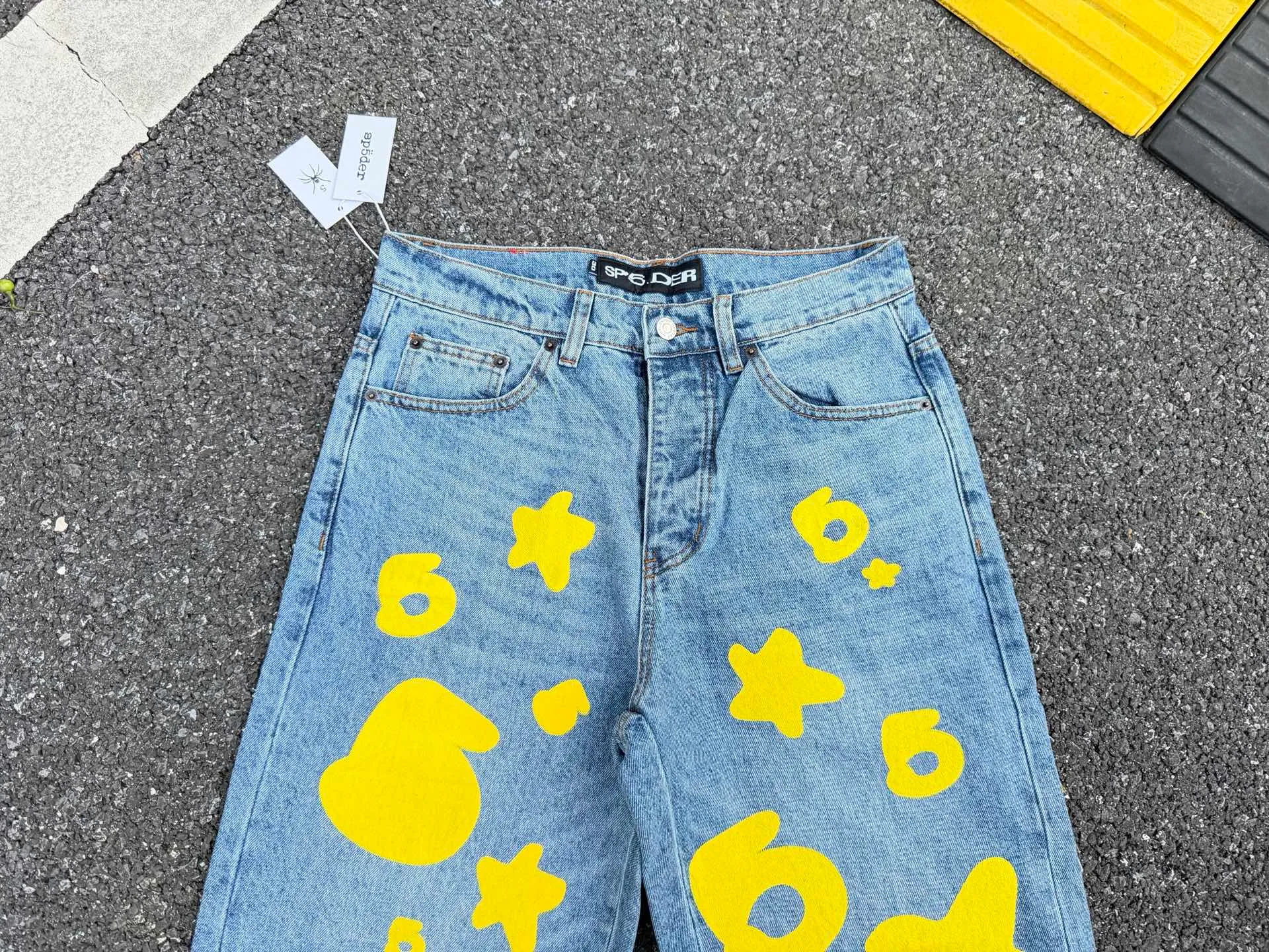 P250 (original outdoor picture direct) top version Sp10der street fashion brand foam printed big star washed and distressed casual jeans for men and women, size: 28 30 32 34 36