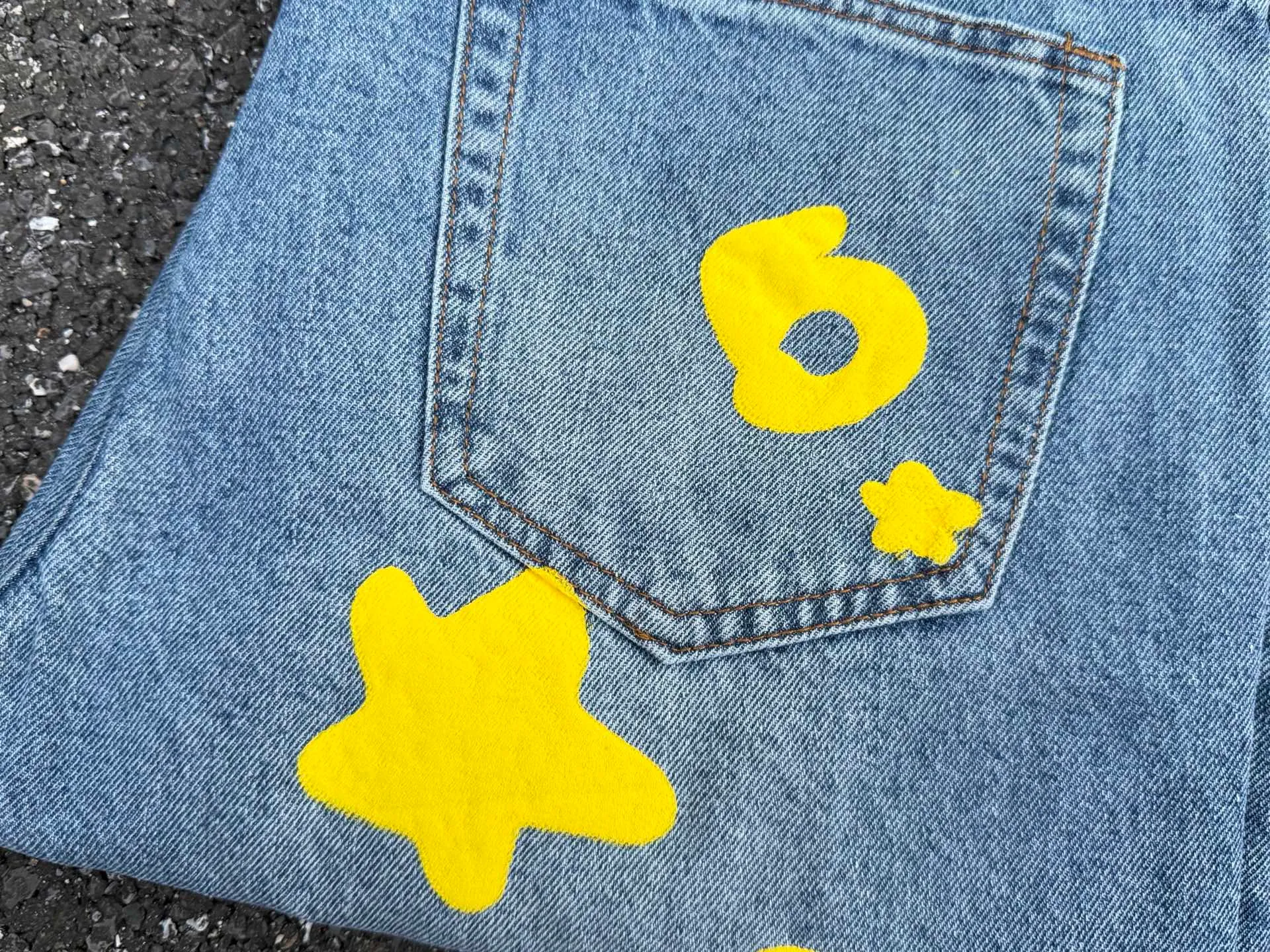 P250 (original outdoor picture direct) top version Sp10der street fashion brand foam printed big star washed and distressed casual jeans for men and women, size: 28 30 32 34 36