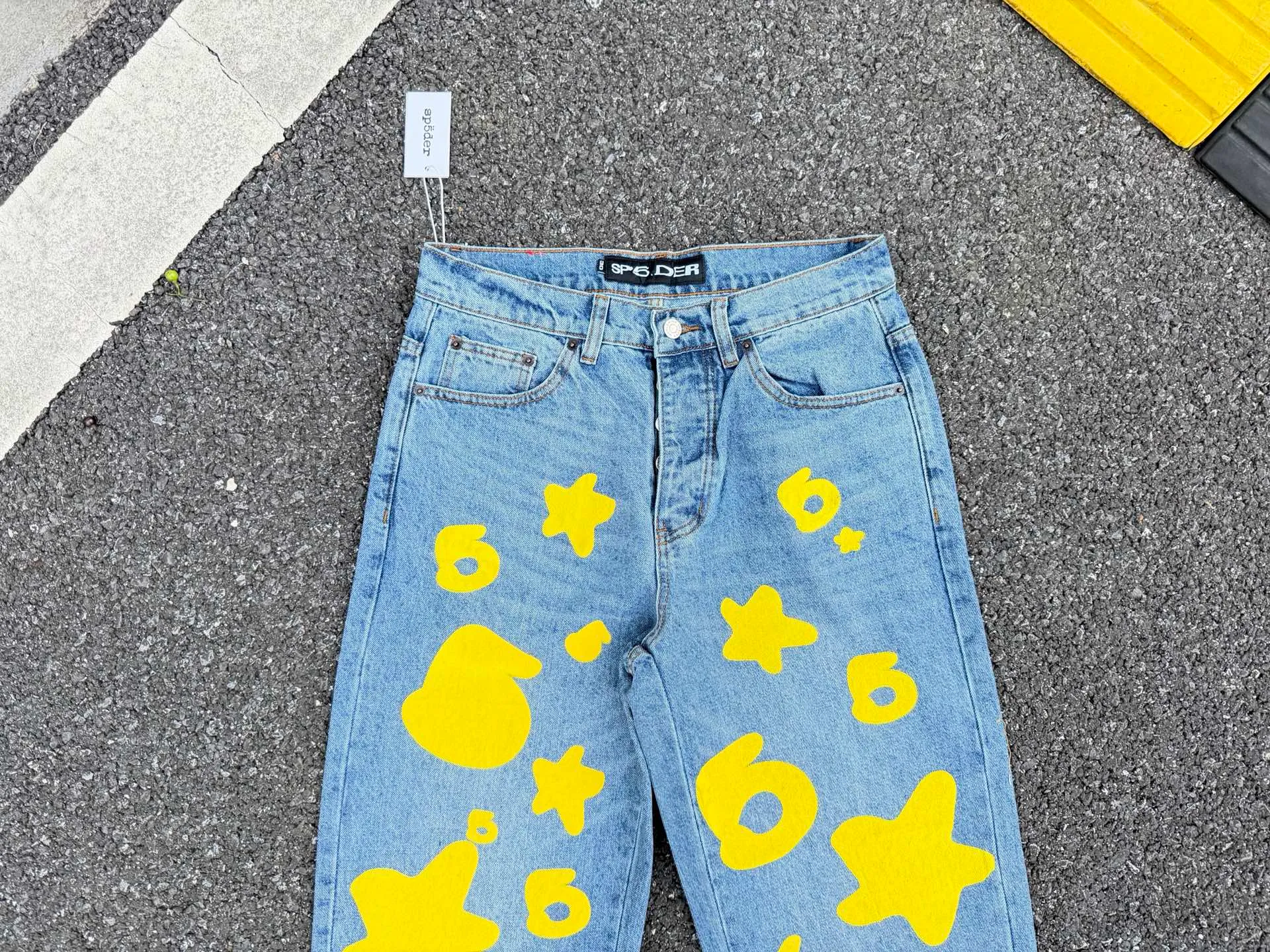 P250 (original outdoor picture direct) top version Sp10der street fashion brand foam printed big star washed and distressed casual jeans for men and women, size: 28 30 32 34 36