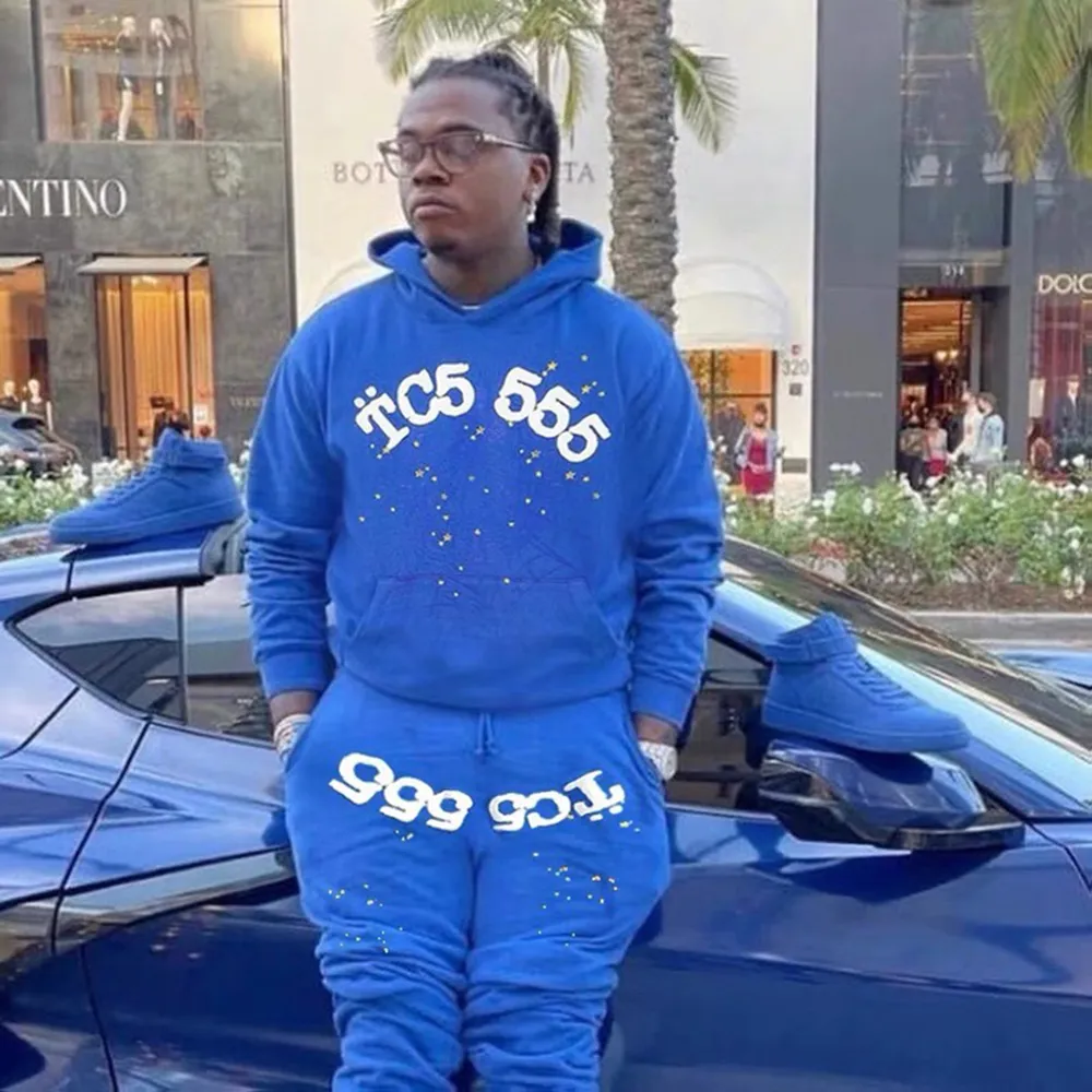 No. 8306 trousers, batch 220, Young Thug Bieber same style Sp10der 555555 foam printing high quality pure cotton terry hoodie sweatshirt for men and women Color: blue; Size: S M L XL