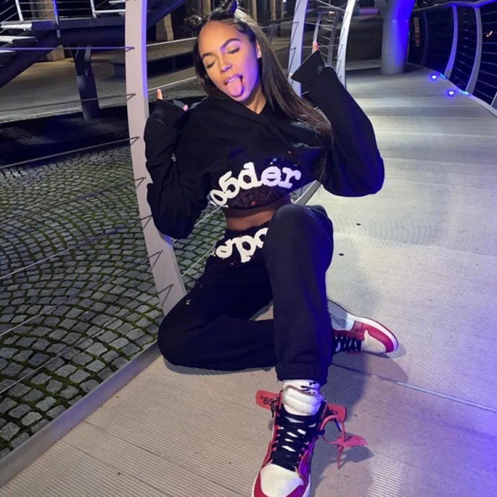 No. 8202, batch 220, Jordan Clarksons same style Young Thug Sp10der 555555 pure cotton terry loose casual hoodie sweatshirt for men and women Color: Black; Size: S M L XL