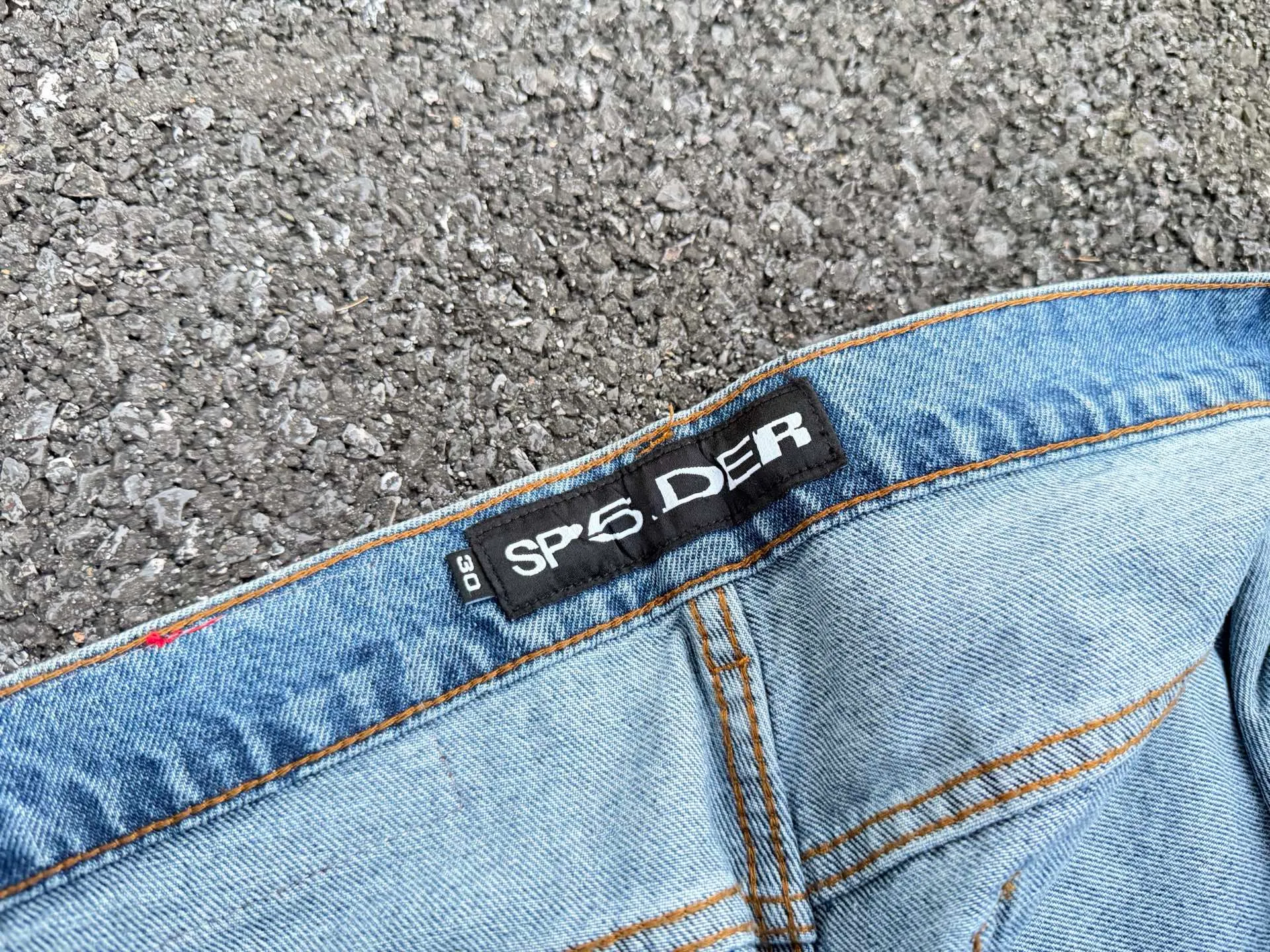 -Size details P250 (original outdoor picture direct) top version Sp10der street fashion brand foam printed big star washed and distressed casual jeans for men and women, size: 28 30 32 34 36