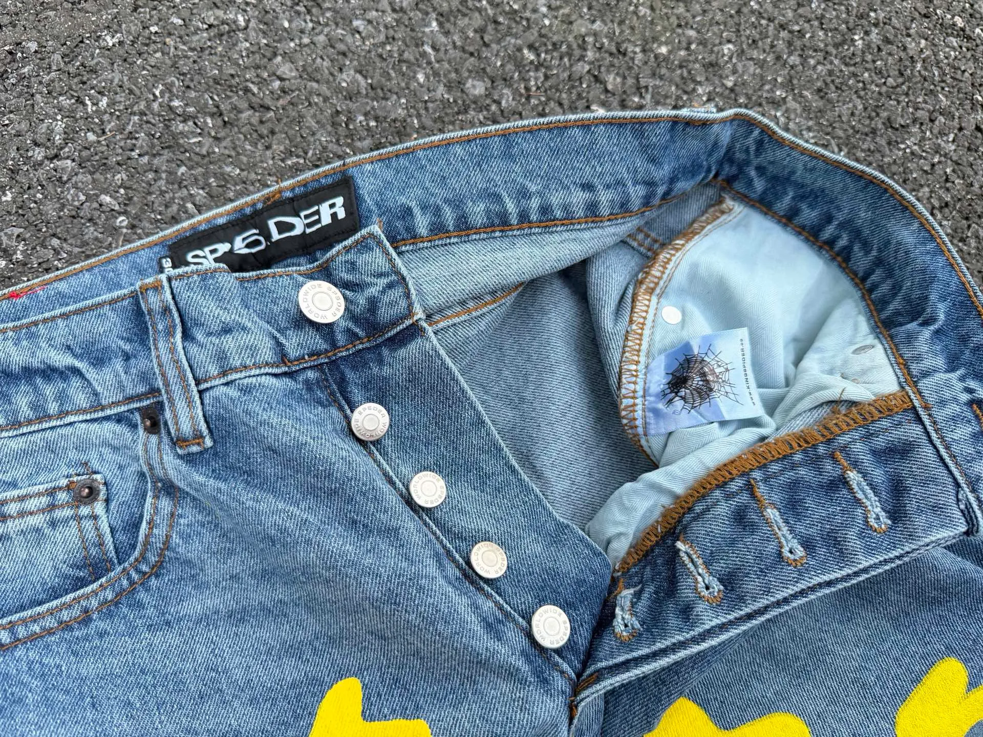 -Size details P250 (original outdoor picture direct) top version Sp10der street fashion brand foam printed big star washed and distressed casual jeans for men and women, size: 28 30 32 34 36