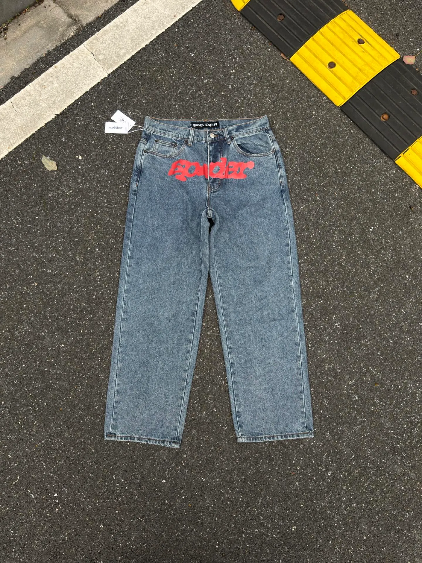P210 (original outdoor picture direct) top version Sp10der street fashion brand printed washed and distressed casual jeans for men and women, same style. Size: 28 30 32 34 36