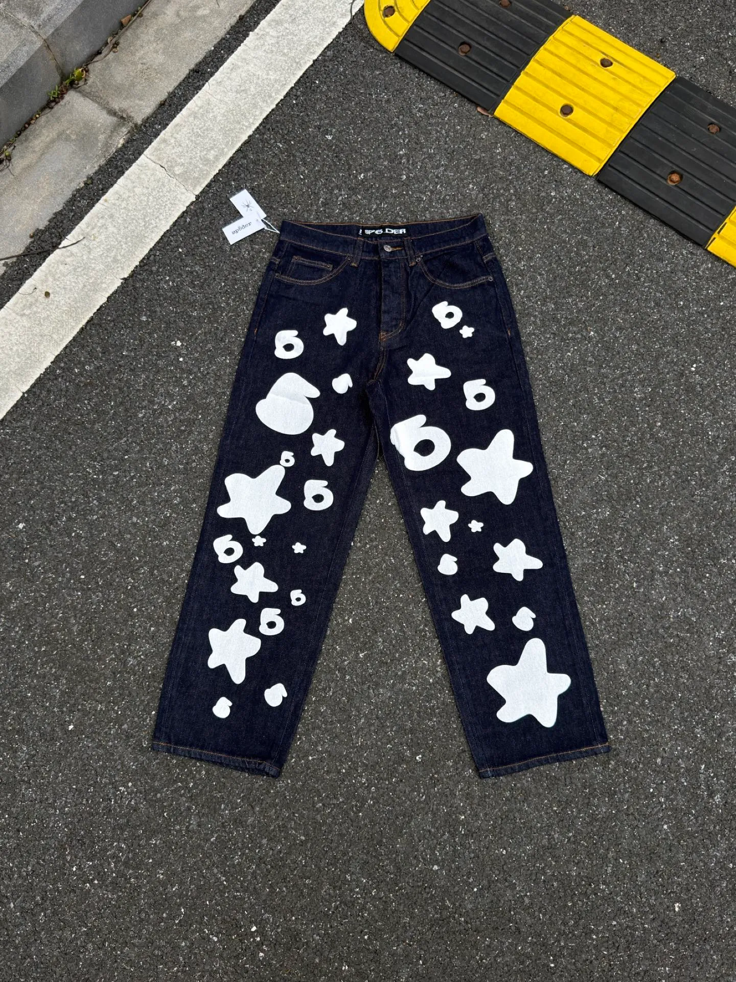 P250 (Outdoor original picture direct) top version Sp10der street fashion brand foam printed big star washed and distressed casual jeans for men and women color: raw cow color code number: 28 30 32 34 36