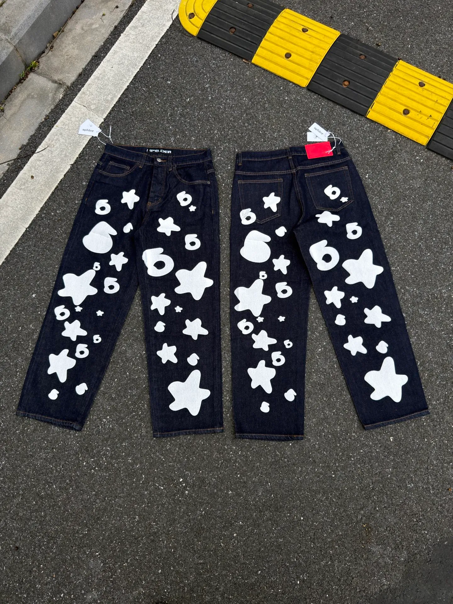 P250 (Outdoor original picture direct) top version Sp10der street fashion brand foam printed big star washed and distressed casual jeans for men and women color: raw cow color code number: 28 30 32 34 36