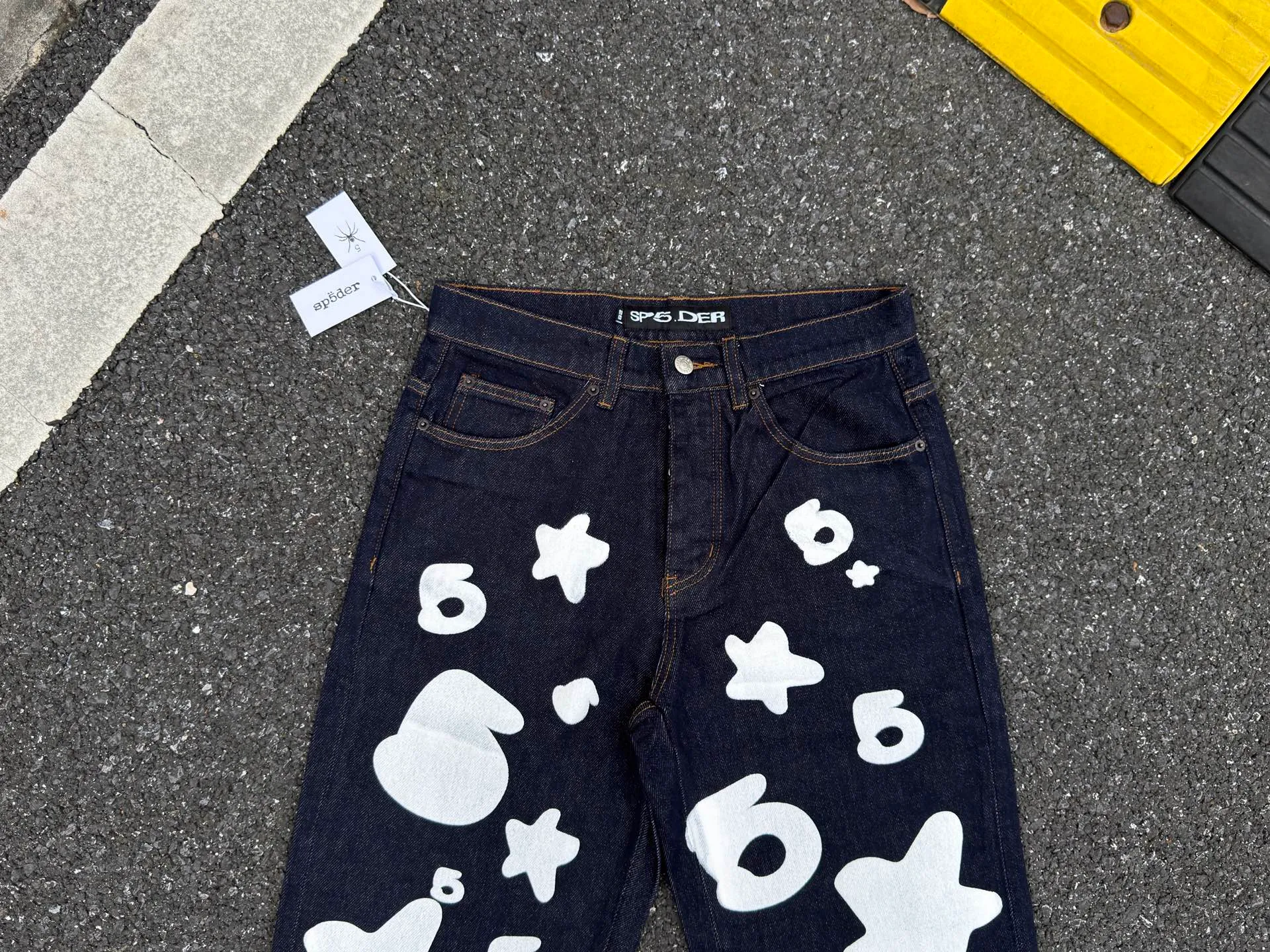 P250 (Outdoor original picture direct) top version Sp10der street fashion brand foam printed big star washed and distressed casual jeans for men and women color: raw cow color code number: 28 30 32 34 36