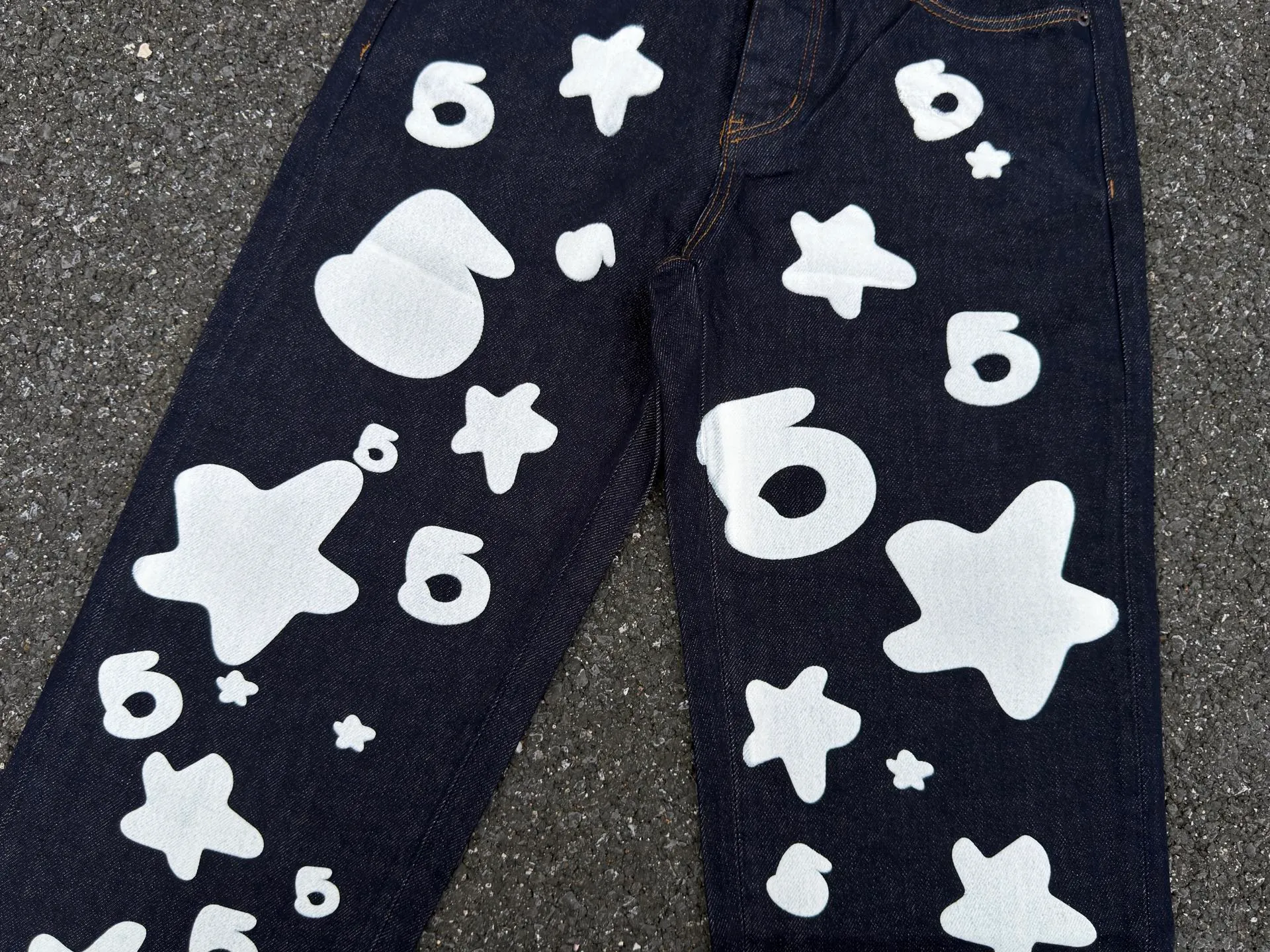 P250 (Outdoor original picture direct) top version Sp10der street fashion brand foam printed big star washed and distressed casual jeans for men and women color: raw cow color code number: 28 30 32 34 36