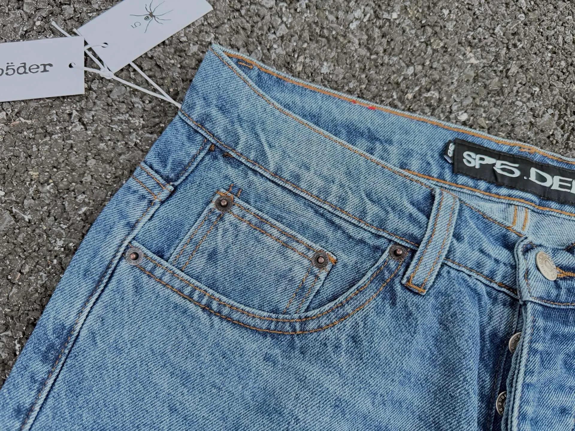 -Size details P250 (original outdoor picture direct) top version Sp10der street fashion brand foam printed big star washed and distressed casual jeans for men and women, size: 28 30 32 34 36