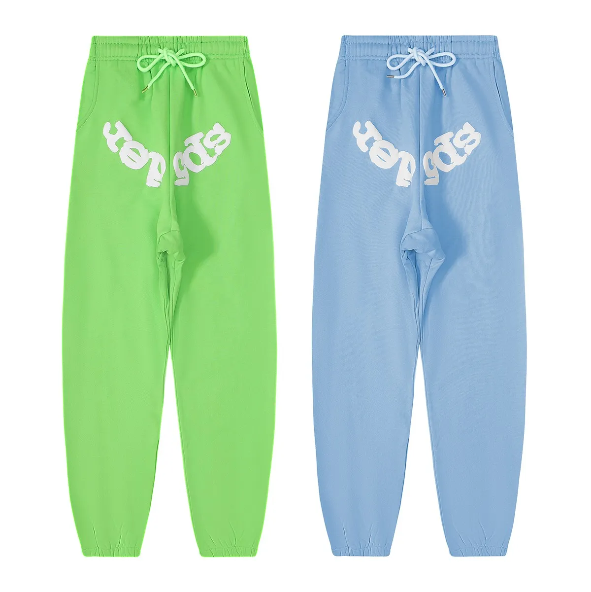 No. 8308, batch 220, the same style as American fashion stars Sp10der 555555 hot diamond foam printing high quality pure cotton casual sweatpants casual pants Color: grass green, sky blue; Size: S M L XL