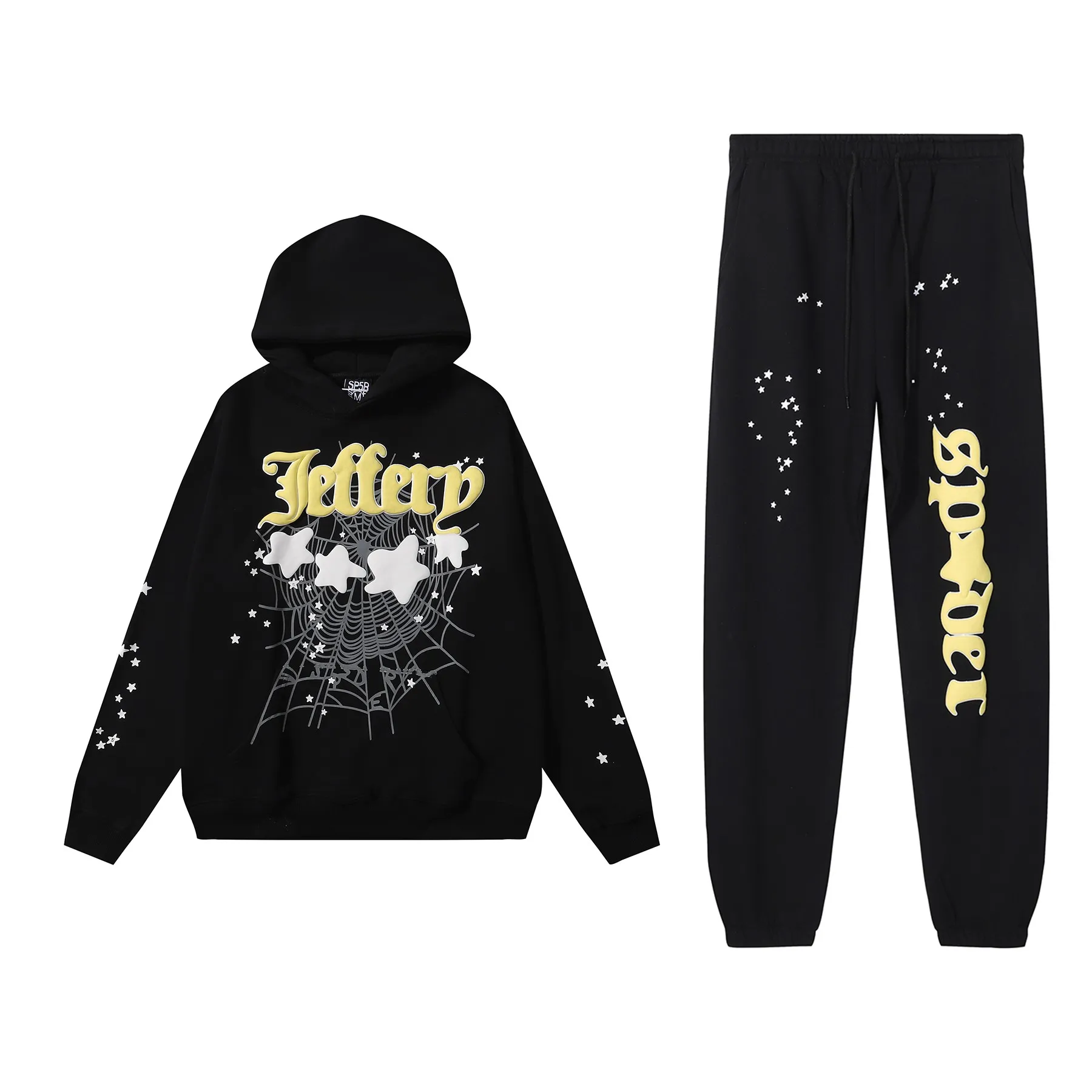No. hooded 8219, trousers 8319, American fashion Sp10der Worldwide 555 555 Jeffery star foam spider web print high quality hoodie sweatshirt clothes 110 pants 110 color: black; size: S M L XL