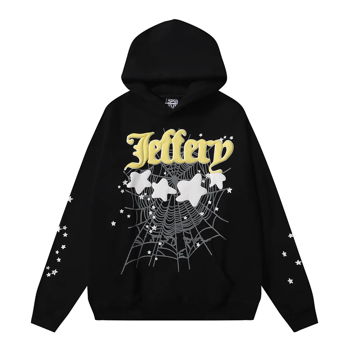 No. hooded 8219, trousers 8319, American fashion Sp10der Worldwide 555 555 Jeffery star foam spider web print high quality hoodie sweatshirt clothes 110 pants 110 color: black; size: S M L XL