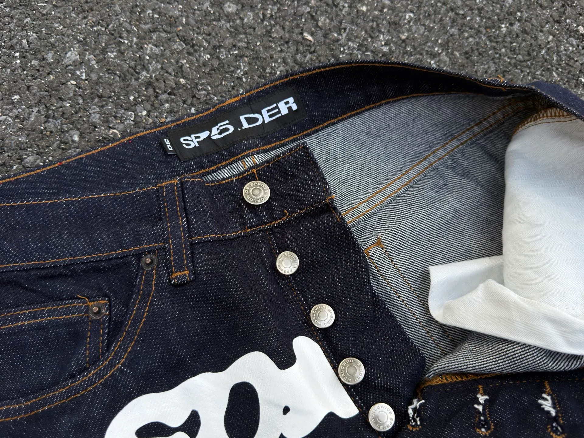 -Size details P210 (original outdoor picture straight out) top version Sp10der street fashion brand printed washed and distressed casual jeans for men and women, same style. Size: 28 30 32 34 36