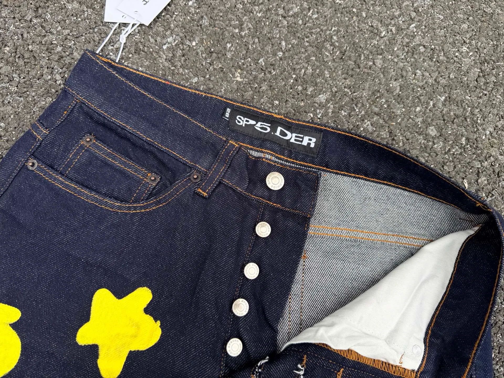 P250 (Outdoor original picture direct) top version Sp10der street fashion brand foam printed big star washed and distressed casual jeans for men and women color: raw cow color code number: 28 30 32 34 36