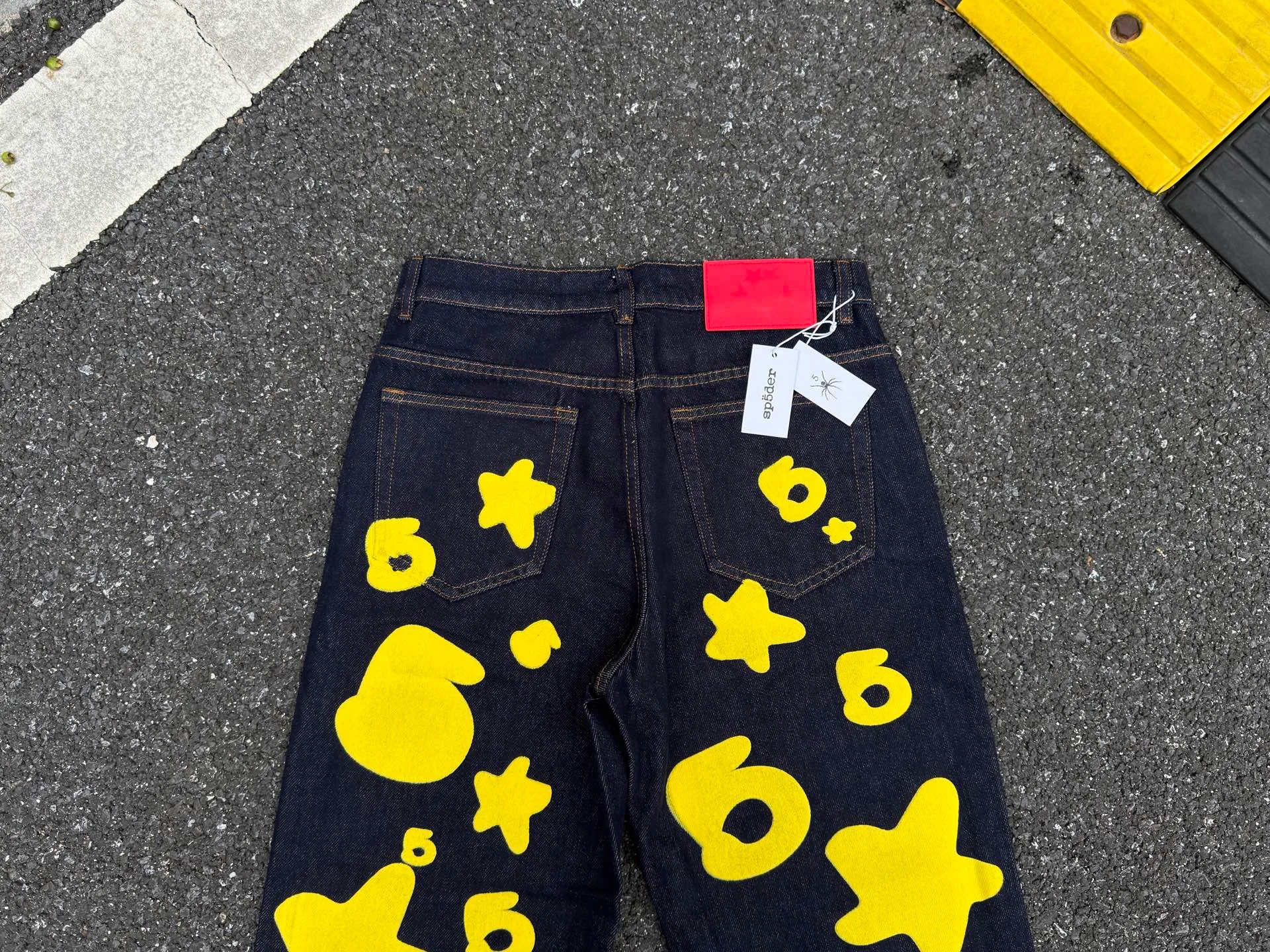 P250 (Outdoor original picture direct) top version Sp10der street fashion brand foam printed big star washed and distressed casual jeans for men and women color: raw cow color code number: 28 30 32 34 36