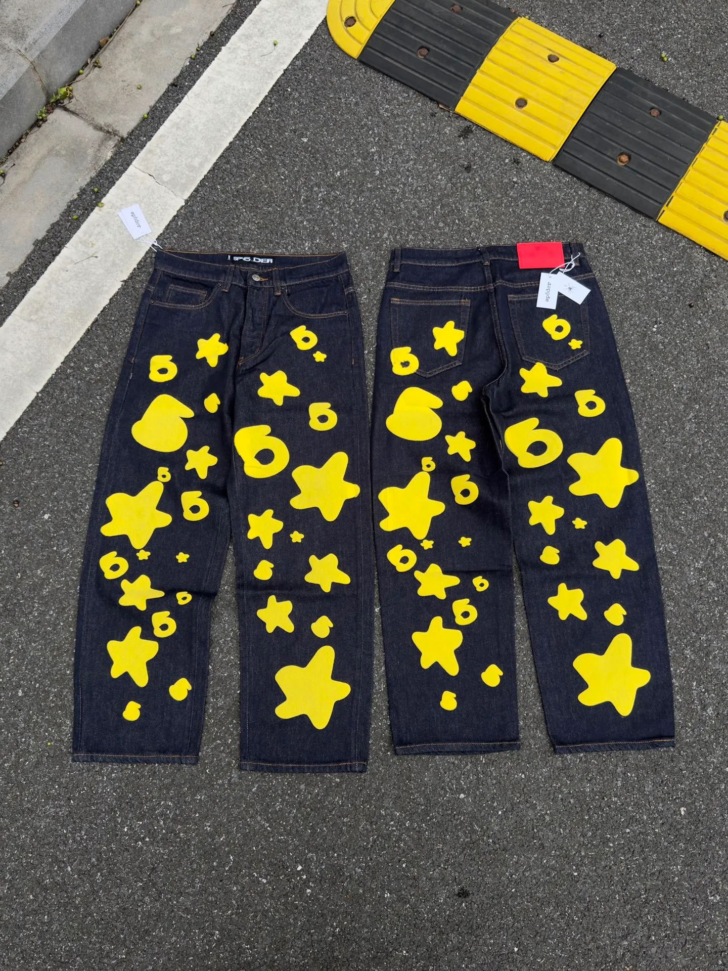 P250 (Outdoor original picture direct) top version Sp10der street fashion brand foam printed big star washed and distressed casual jeans for men and women color: raw cow color code number: 28 30 32 34 36