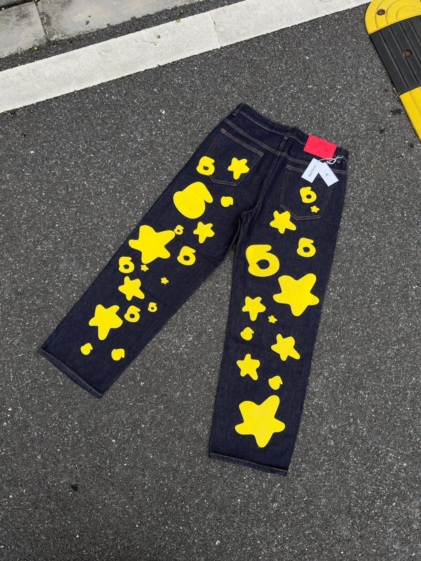 P250 (Outdoor original picture direct) top version Sp10der street fashion brand foam printed big star washed and distressed casual jeans for men and women color: raw cow color code number: 28 30 32 34 36