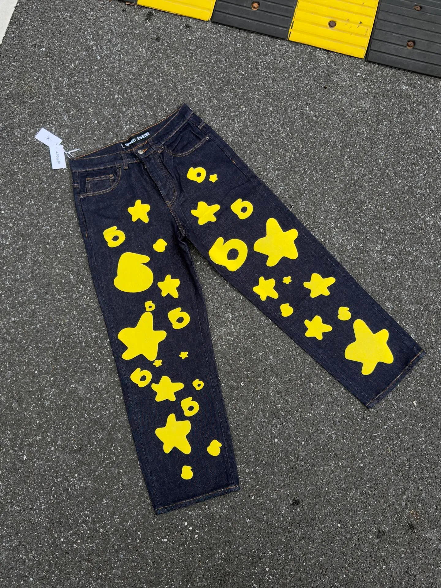 P250 (Outdoor original picture direct) top version Sp10der street fashion brand foam printed big star washed and distressed casual jeans for men and women color: raw cow color code number: 28 30 32 34 36