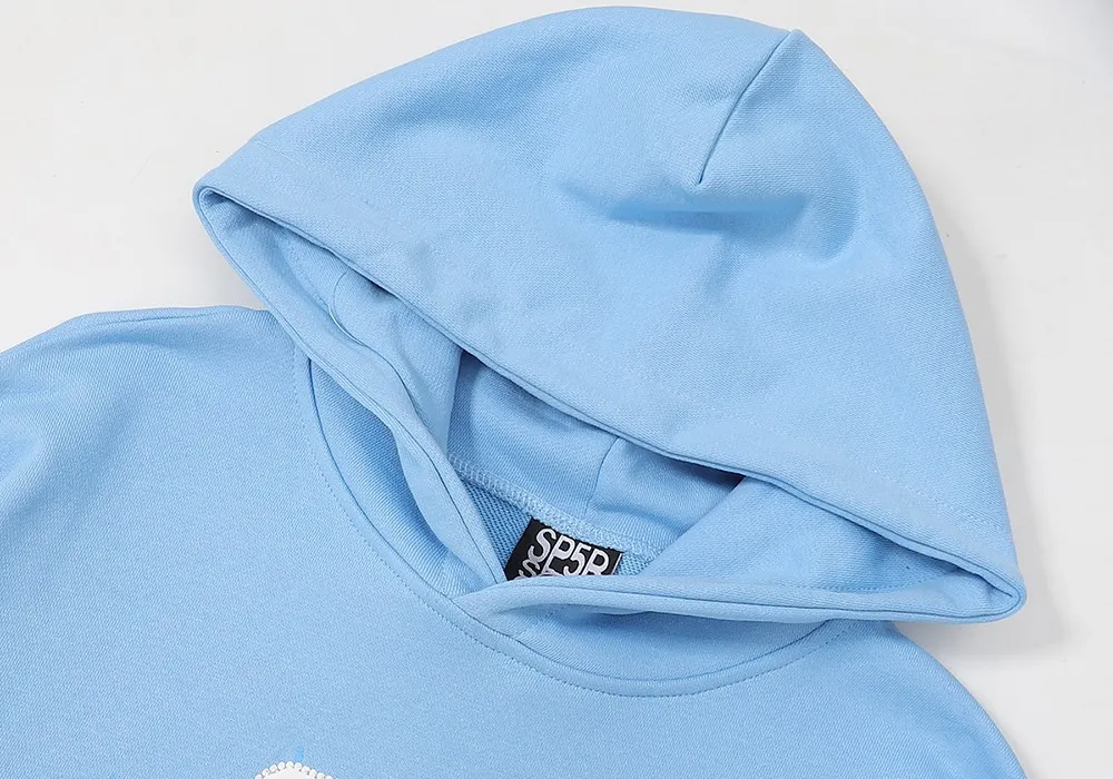 No. 8208, the same model as the American fashion star Sp10der 555555 hot diamond foam printing high quality pure cotton casual loose hoodie sweatshirt for men and women. Hood 8208, batch 220, trousers 8308 batch 220 Color: grass green, sky blue, purple; Size: S M L XL