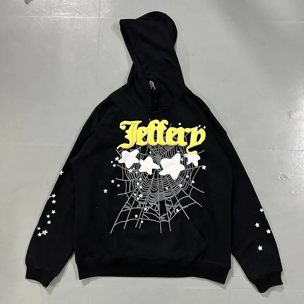 Real photos, hooded 8219, trousers 8319, American fashion Sp10der Worldwide 555 555 Jeffery star foam spider web printed high quality hoodie sweatshirt, clothes 110 pants 110 Color: black; Size: S M L XL