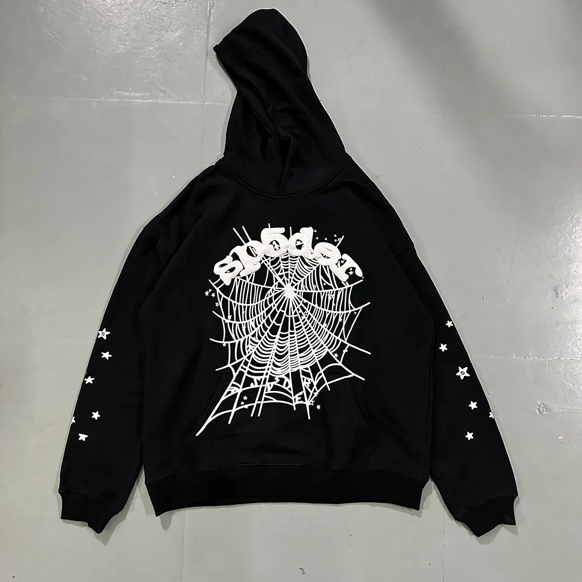 Real photos, hooded 8218, trousers 8318, Mechao Sp10der 555 555 solid color spider web foam printed high quality cotton hoodie sweatshirt, clothes 110, pants 110 Color: black, gray; Size: S M L XL