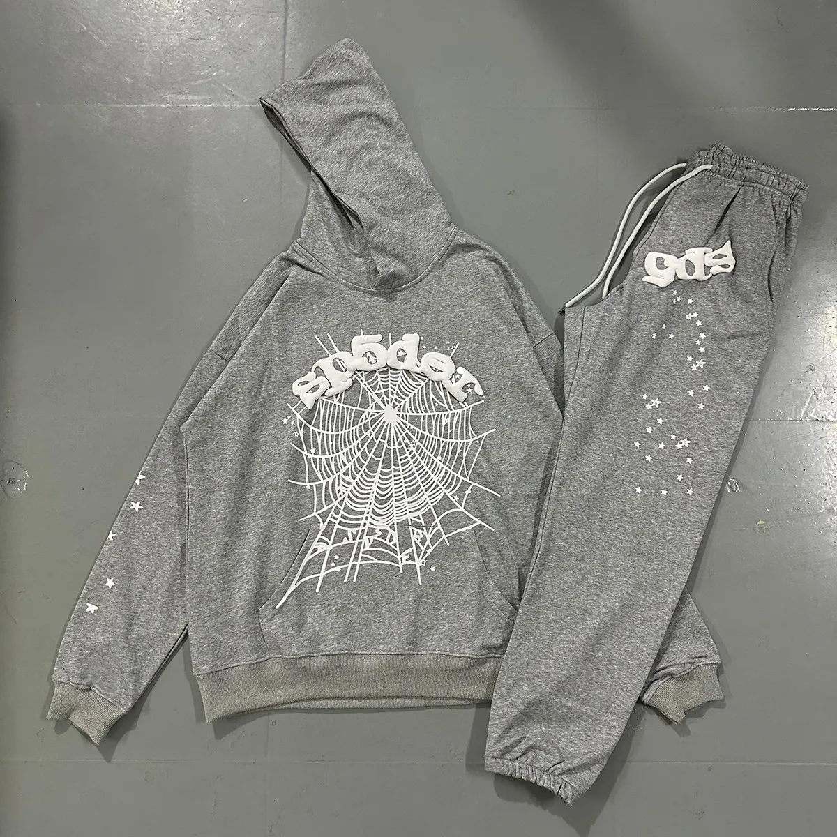 Real photos, hooded 8218, trousers 8318, Mechao Sp10der 555 555 solid color spider web foam printed high quality cotton hoodie sweatshirt, clothes 110, pants 110 Color: black, gray; Size: S M L XL