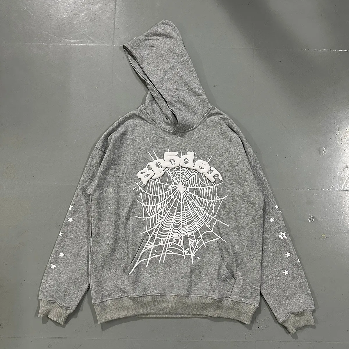 Real photos, hooded 8218, trousers 8318, Mechao Sp10der 555 555 solid color spider web foam printed high quality cotton hoodie sweatshirt, clothes 110, pants 110 Color: black, gray; Size: S M L XL
